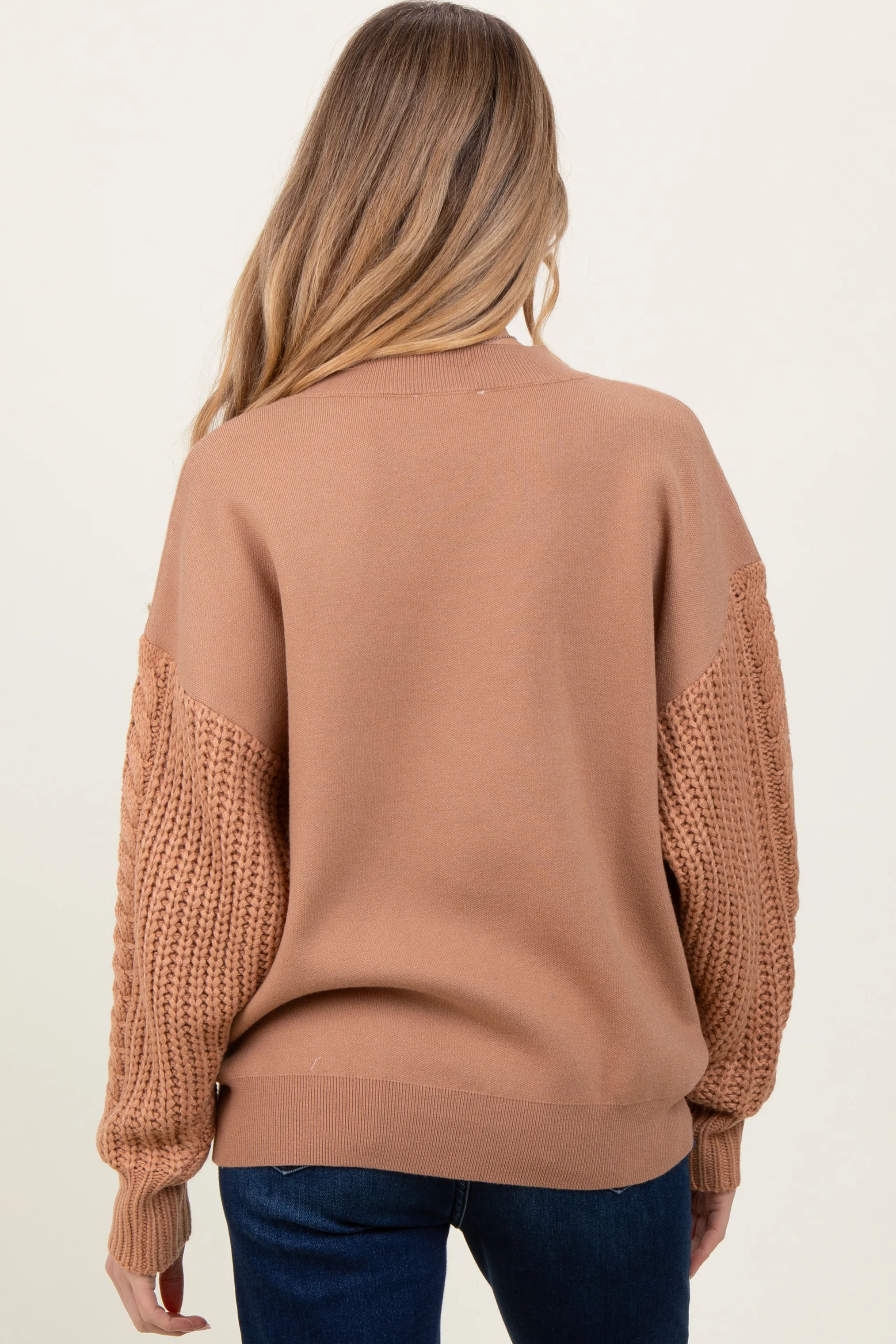 Camel Contrast Knit Sleeve Maternity Sweater - Image 4