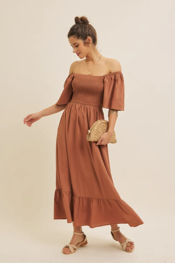 Camel Convertible Stretchy Smocked Maternity Maxi Dress - Image 4