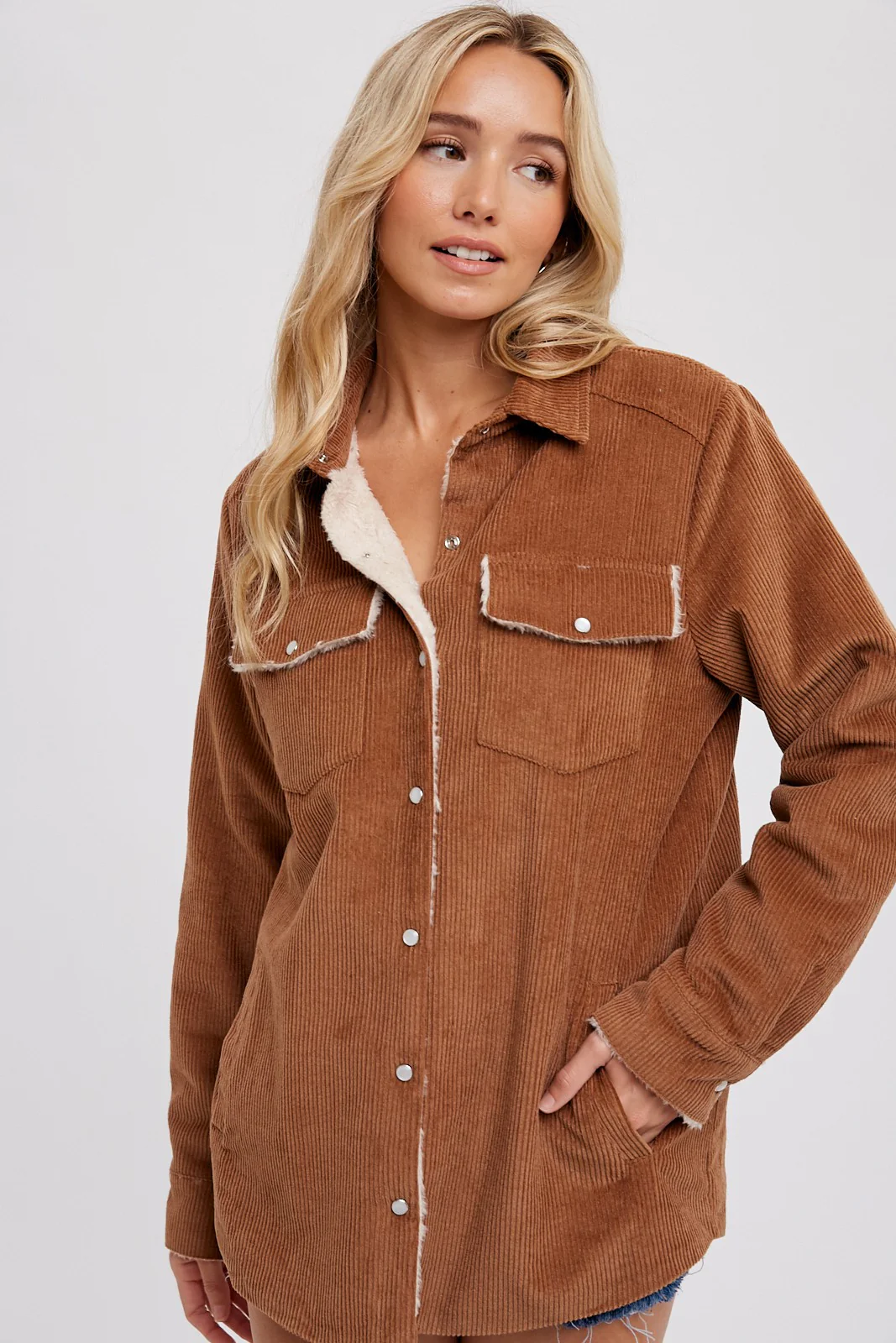 Camel Corduroy Fleece Lined Shacket - Image 4