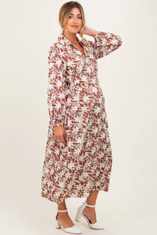 Camel Floral Button Down Long Sleeve Maternity Midi Dress - Image 3