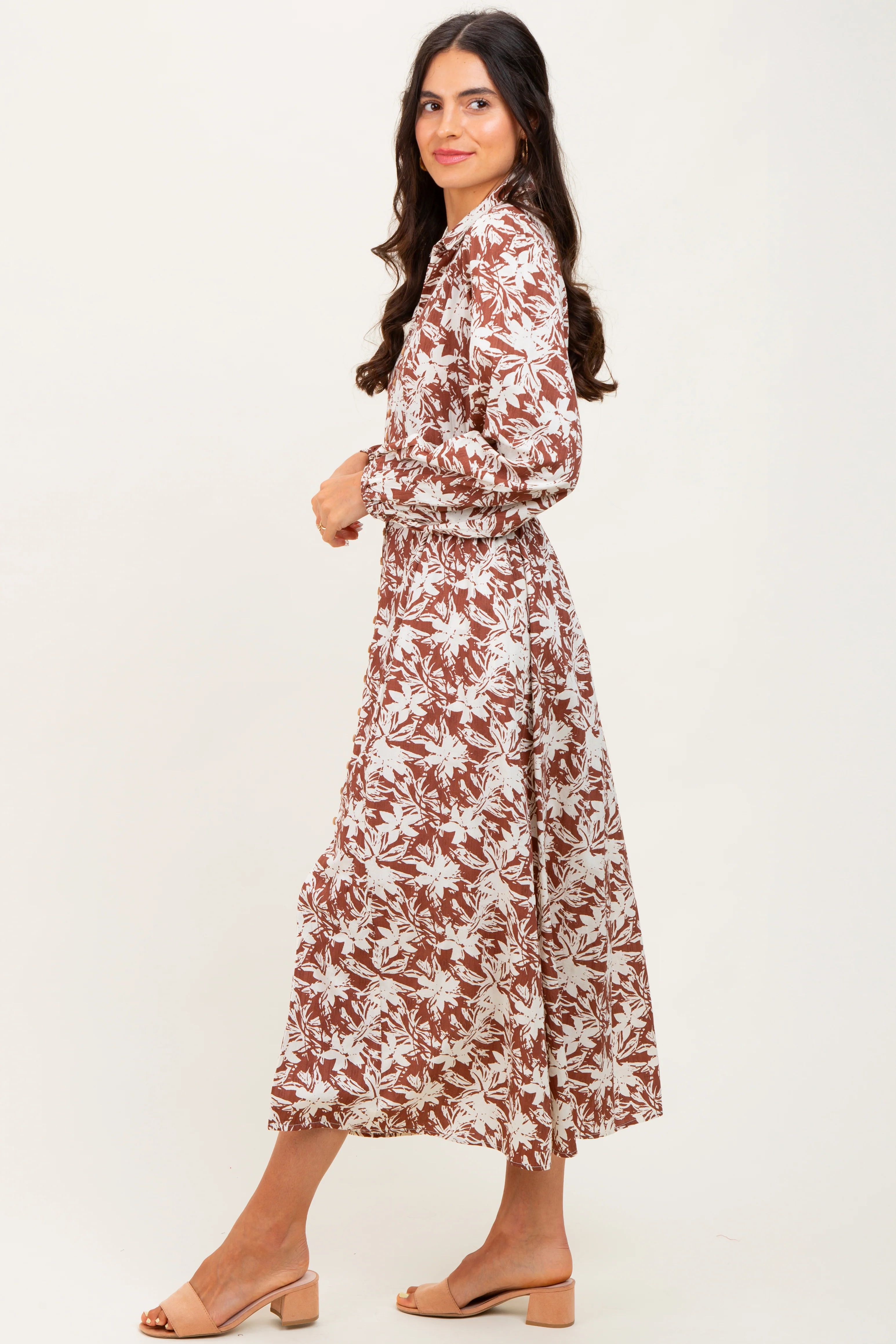 Camel Floral Button Down Long Sleeve Midi Dress - Image 3