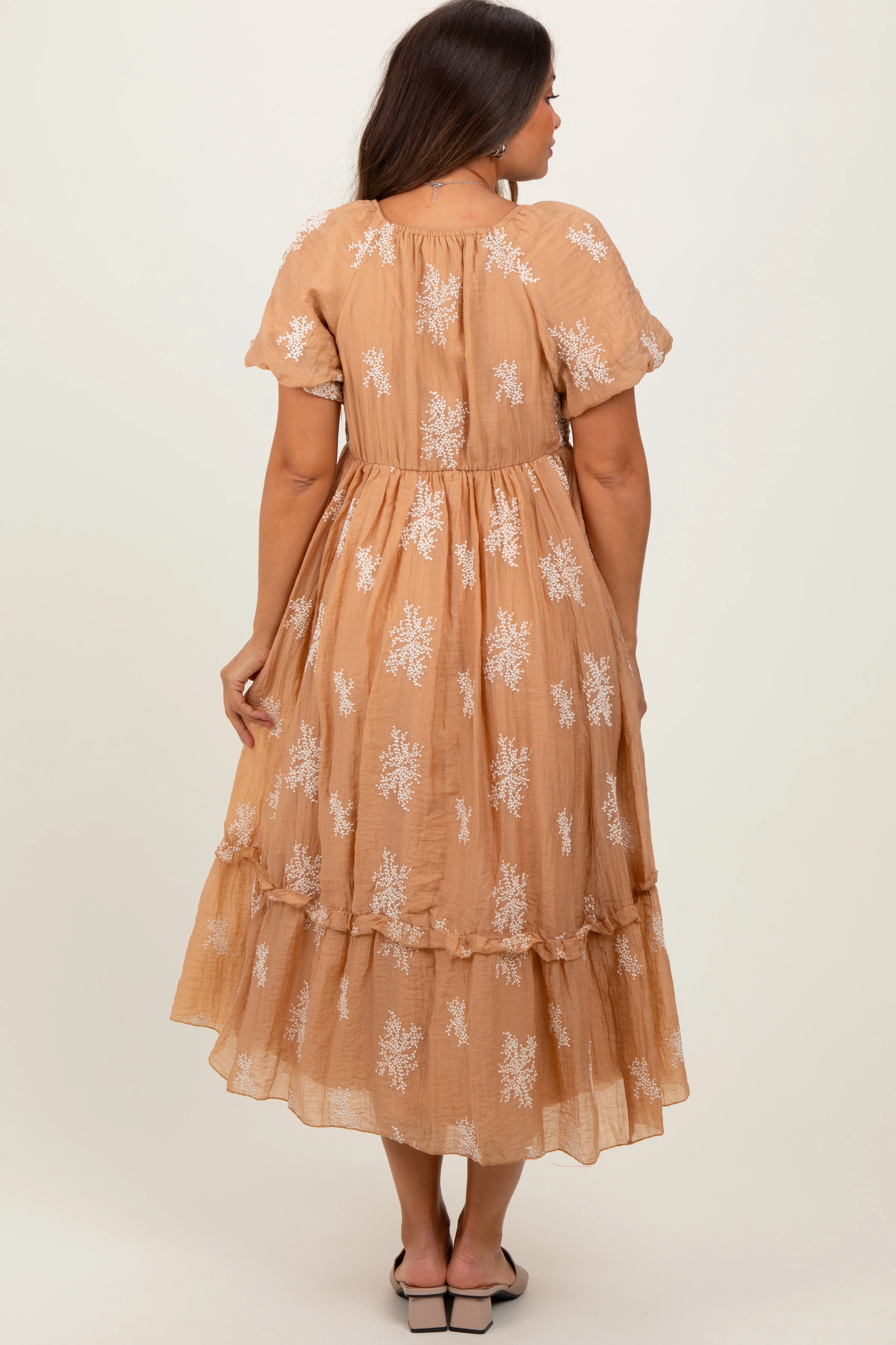 Camel Floral Print Ruffle Hem Maternity Midi Dress - Image 4