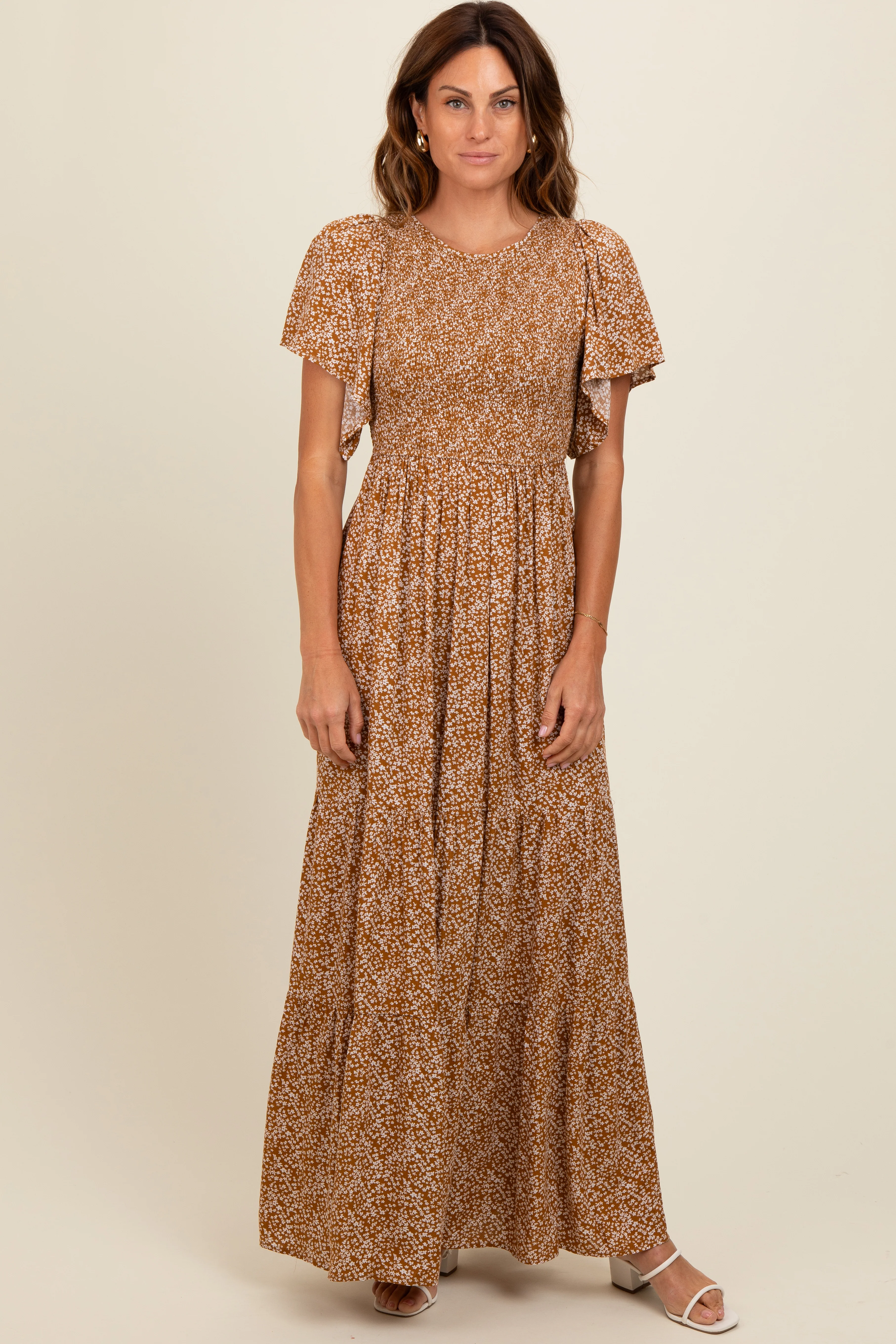 Camel Floral Smocked Flutter Sleeve Maternity Maxi Dress - Image 5