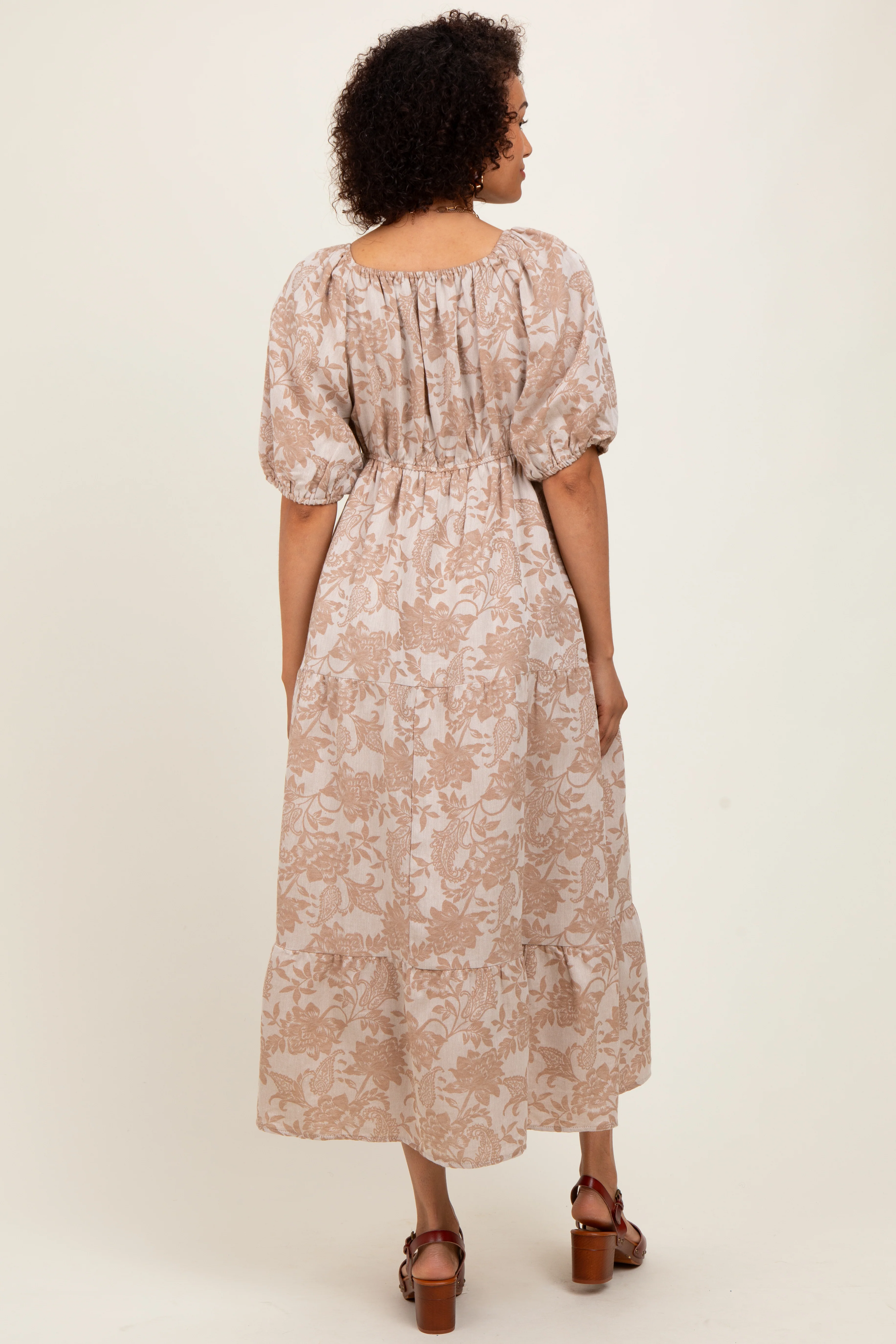 Camel Floral Tiered Puff Sleeve Midi Dress - Image 4