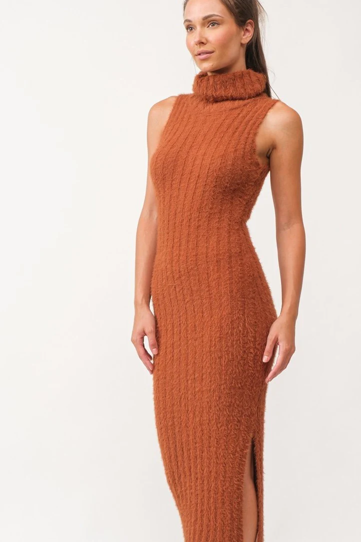 Camel Fuzzy Knit Sleeveless Turtle Neck Midi Dress - Image 2