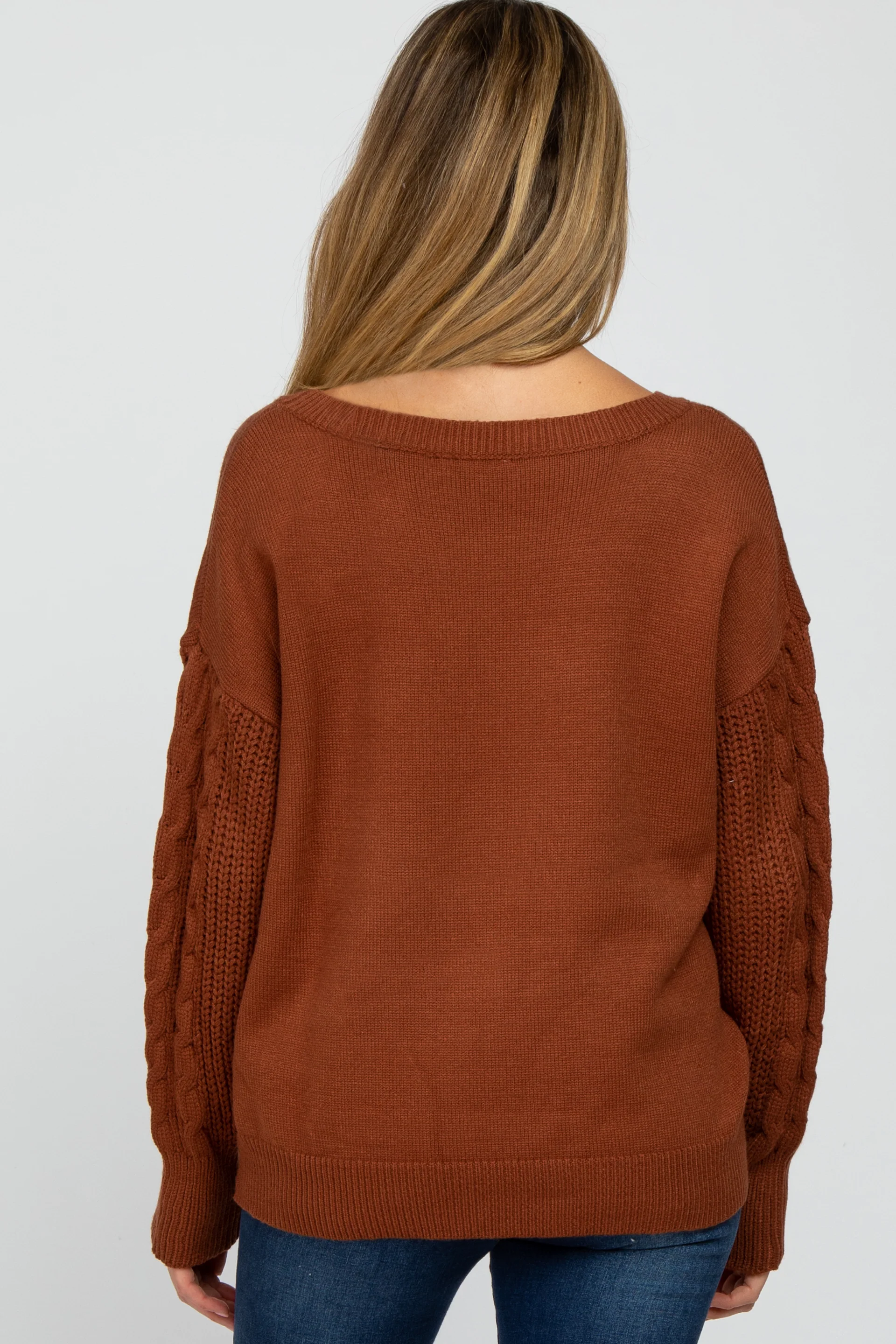 Camel Knit Braided Sleeve Maternity Sweater - Image 3