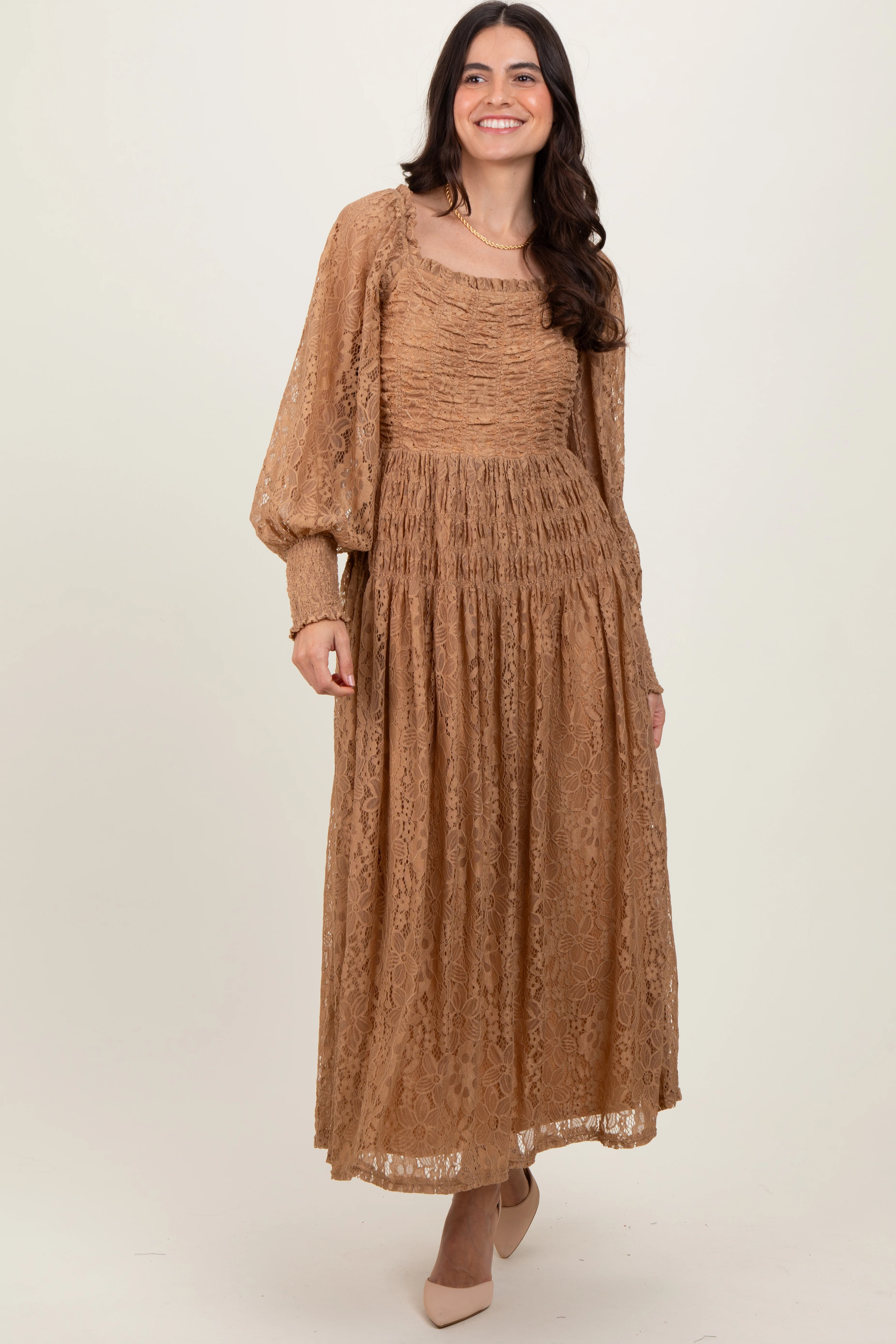 Camel Lace Smocked Bubble Sleeve Maternity Maxi Dress - Image 5
