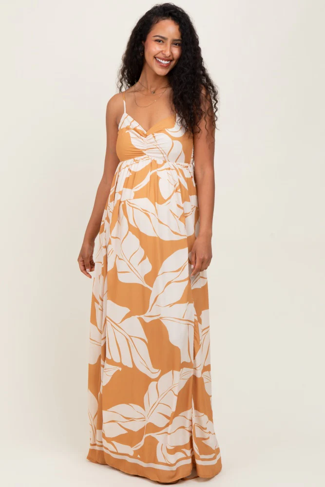 Camel Leaf Print Sleeveless Maternity Maxi Dress - Image 2