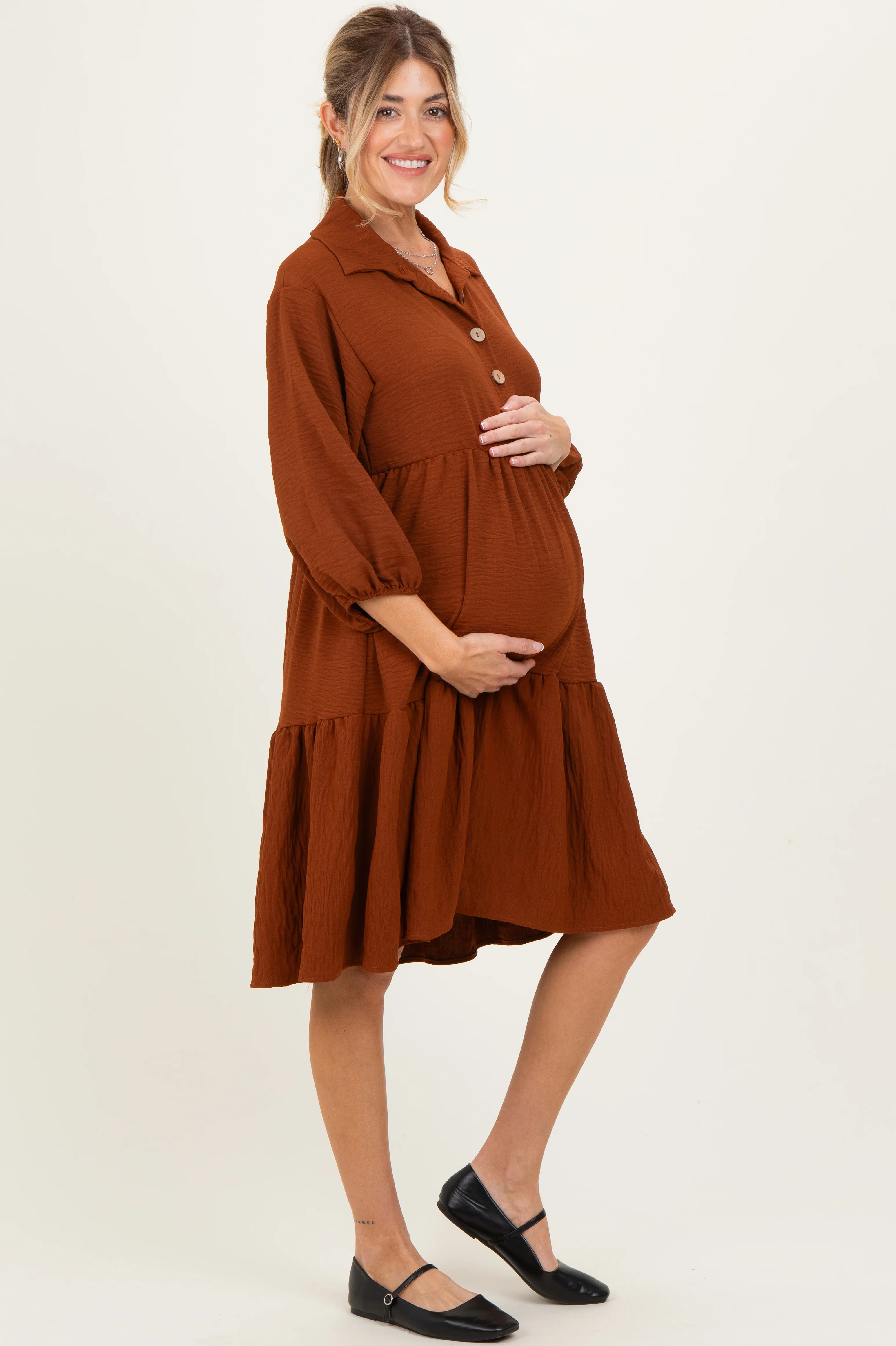 Camel Long Sleeve Button Down Collared Tiered Maternity Dress - Image 2