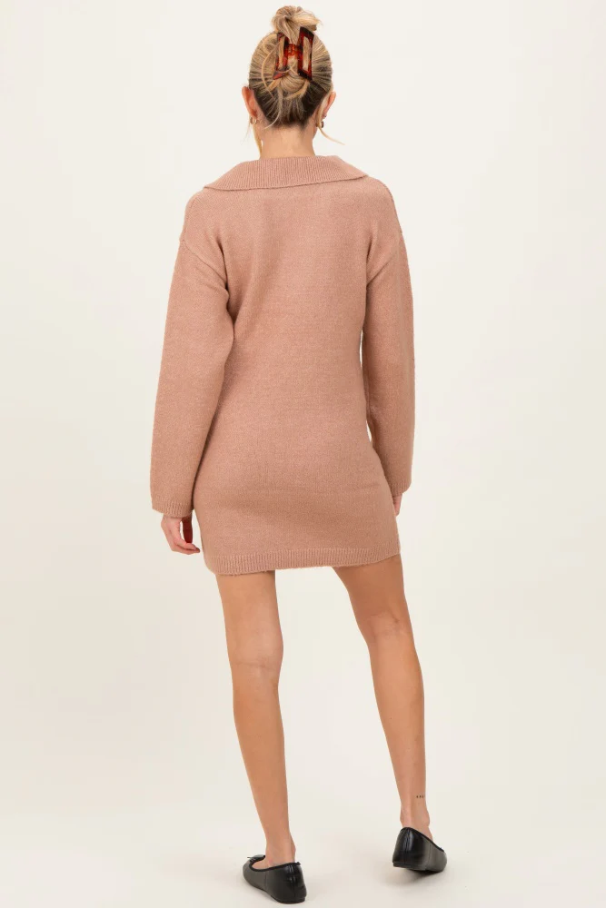 Camel Long Sleeve Polo Maternity Sweater Dress - Image 4
