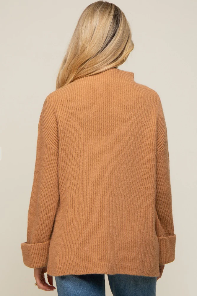 Camel Mock Neck Chunky Knit Maternity Sweater - Image 4
