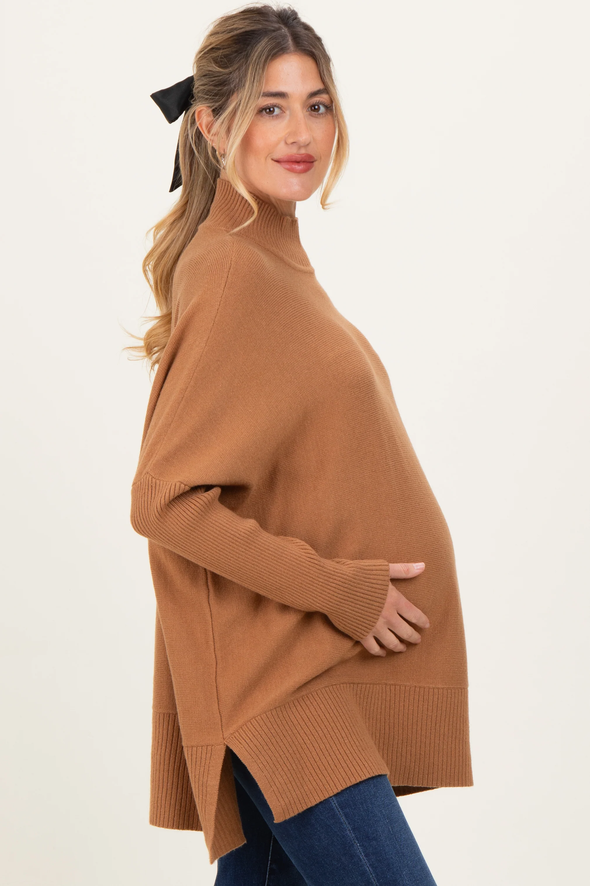 Camel Mock Neck Oversized Sir Slit Maternity Sweater Top - Image 3