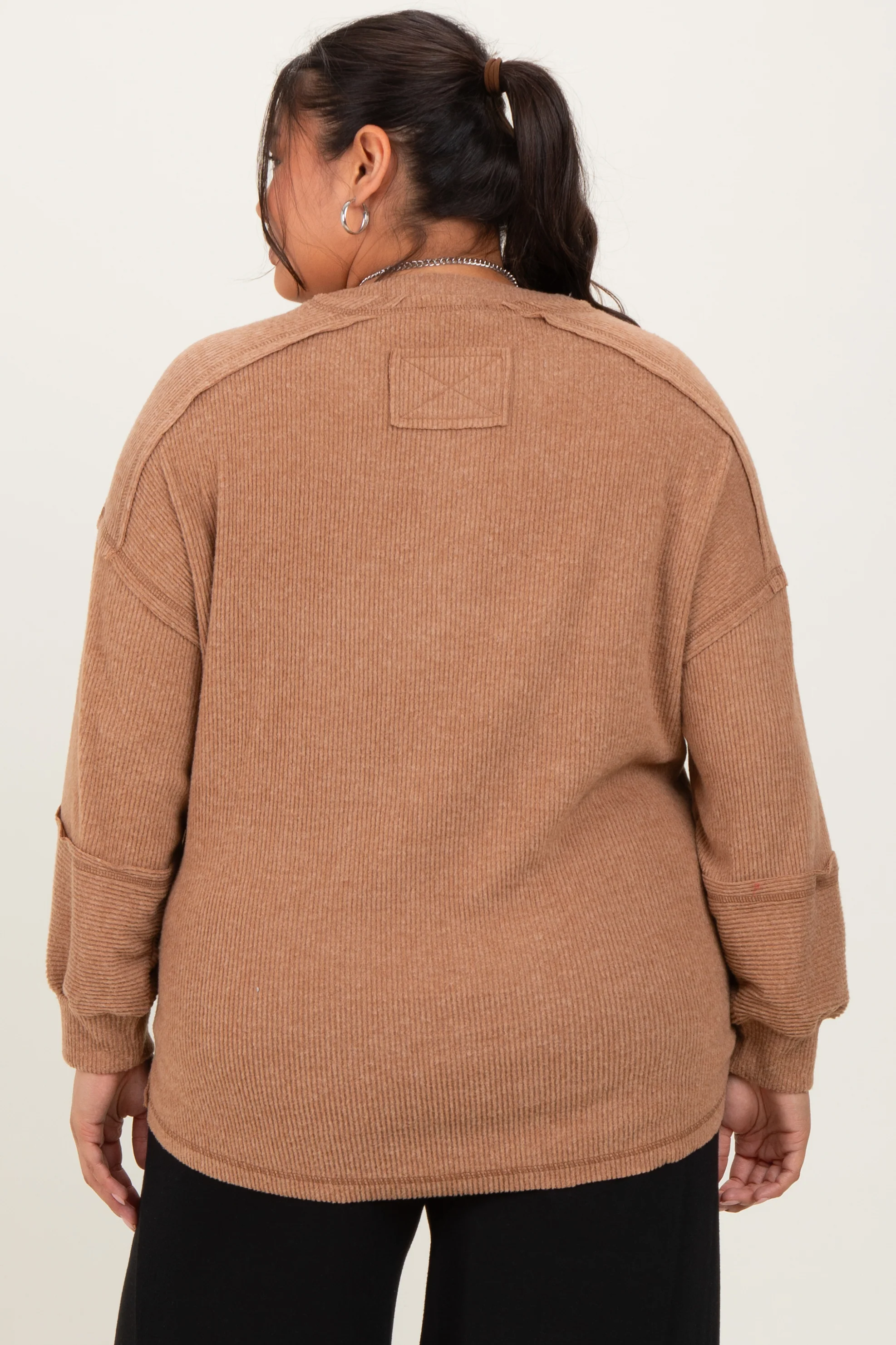 Camel Oversized Ribbed Knit Henley Plus Sweater - Image 4
