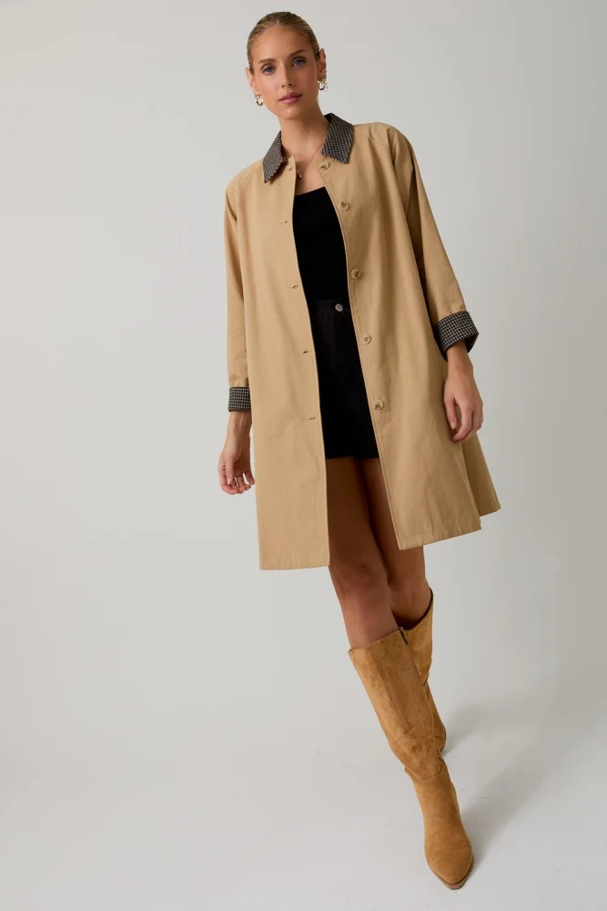 Camel Plaid Contrast A-Line Midi Trench Coat - Image 7