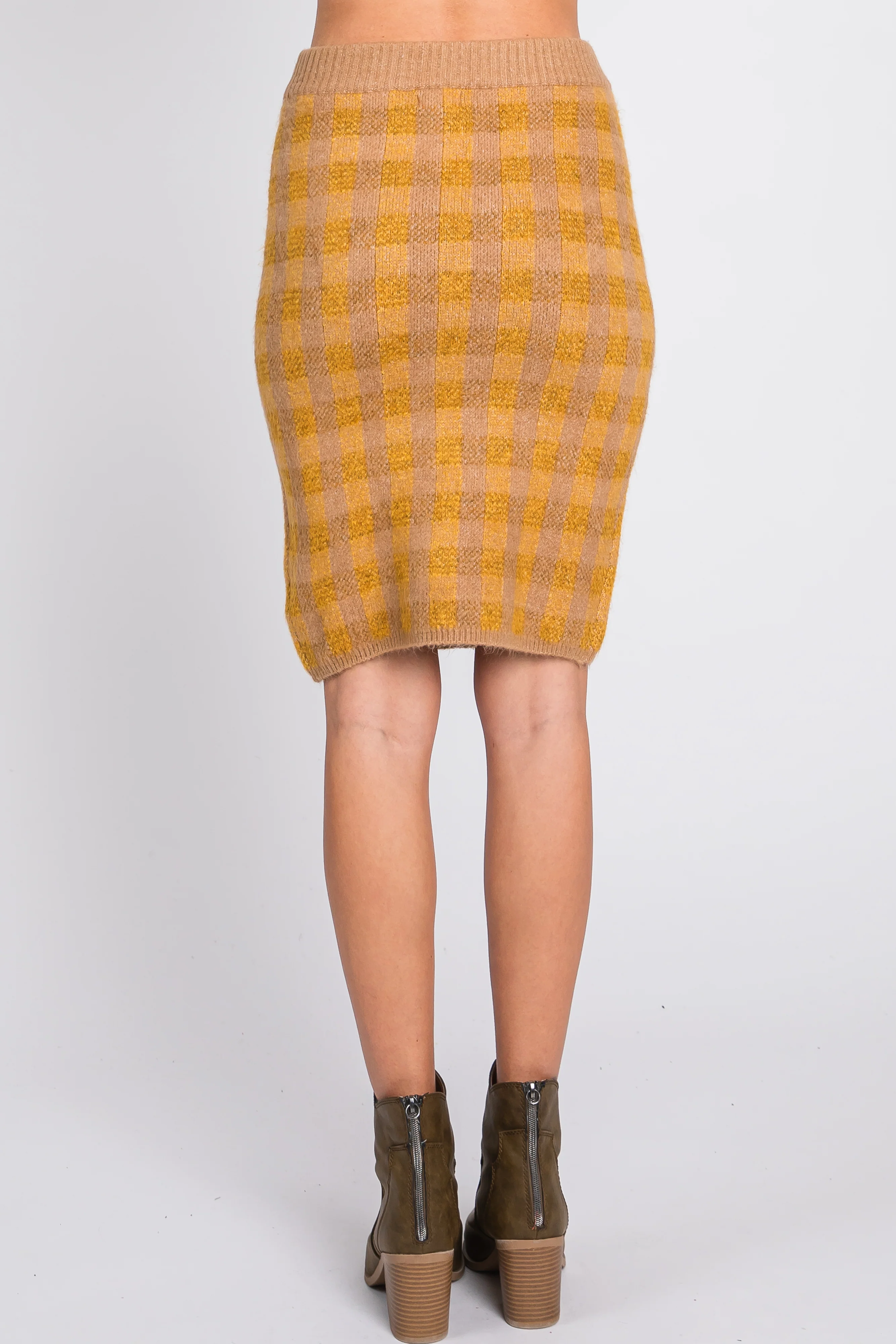 Camel Plaid Fuzzy Knit Fitted Skirt - Image 4