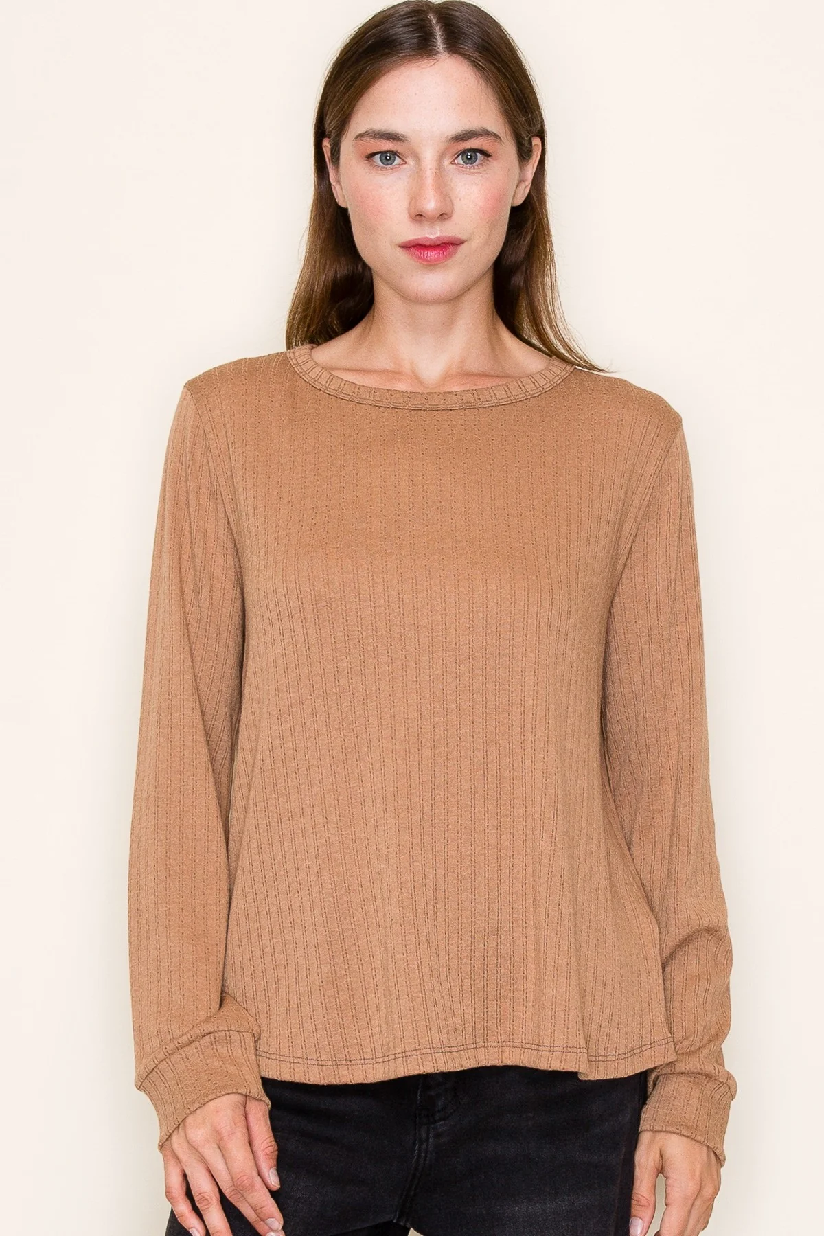 Camel Pointelle Knit Long Sleeve Top - Image 2