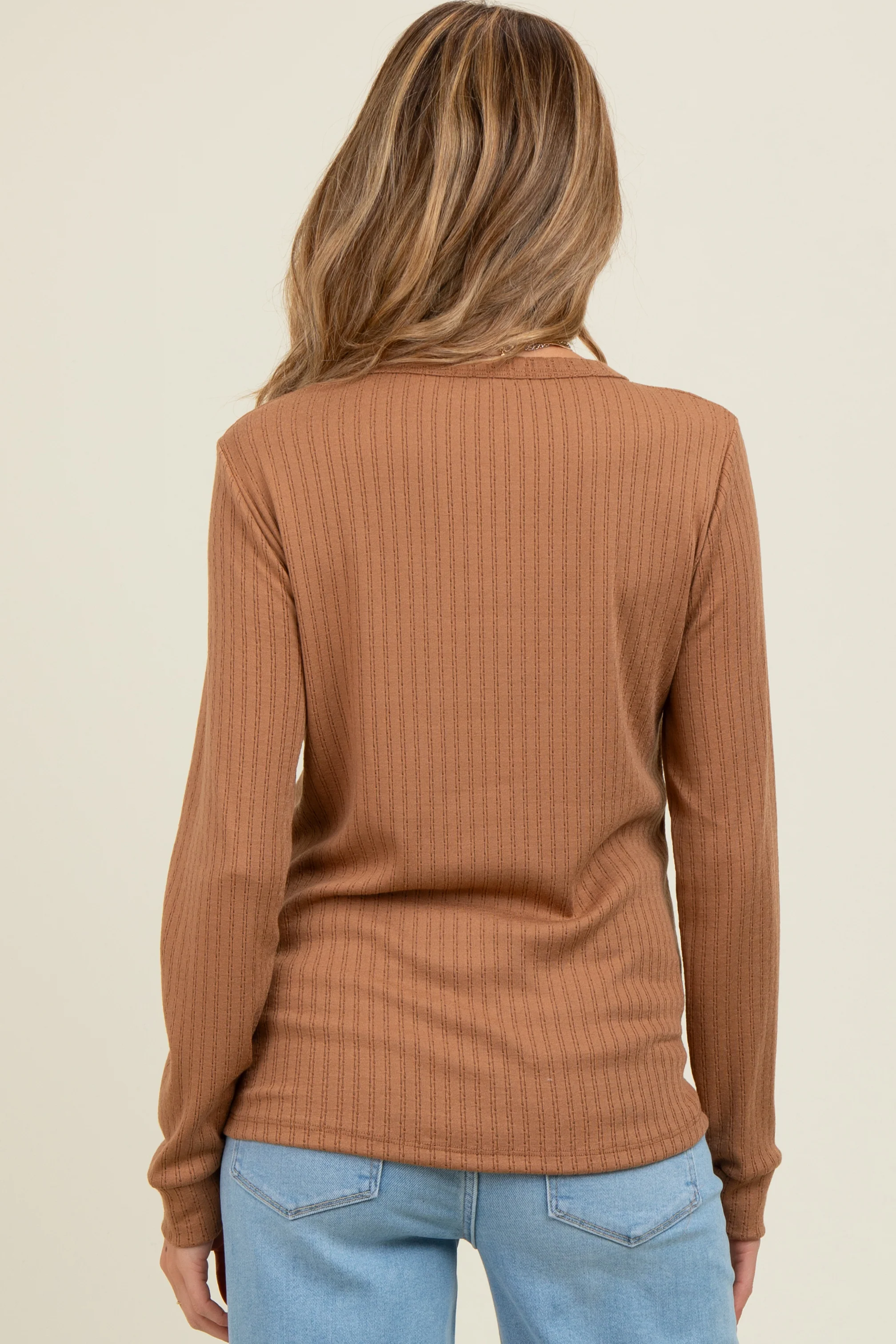 Camel Pointelle Knit Maternity Long Sleeve Top - Image 3