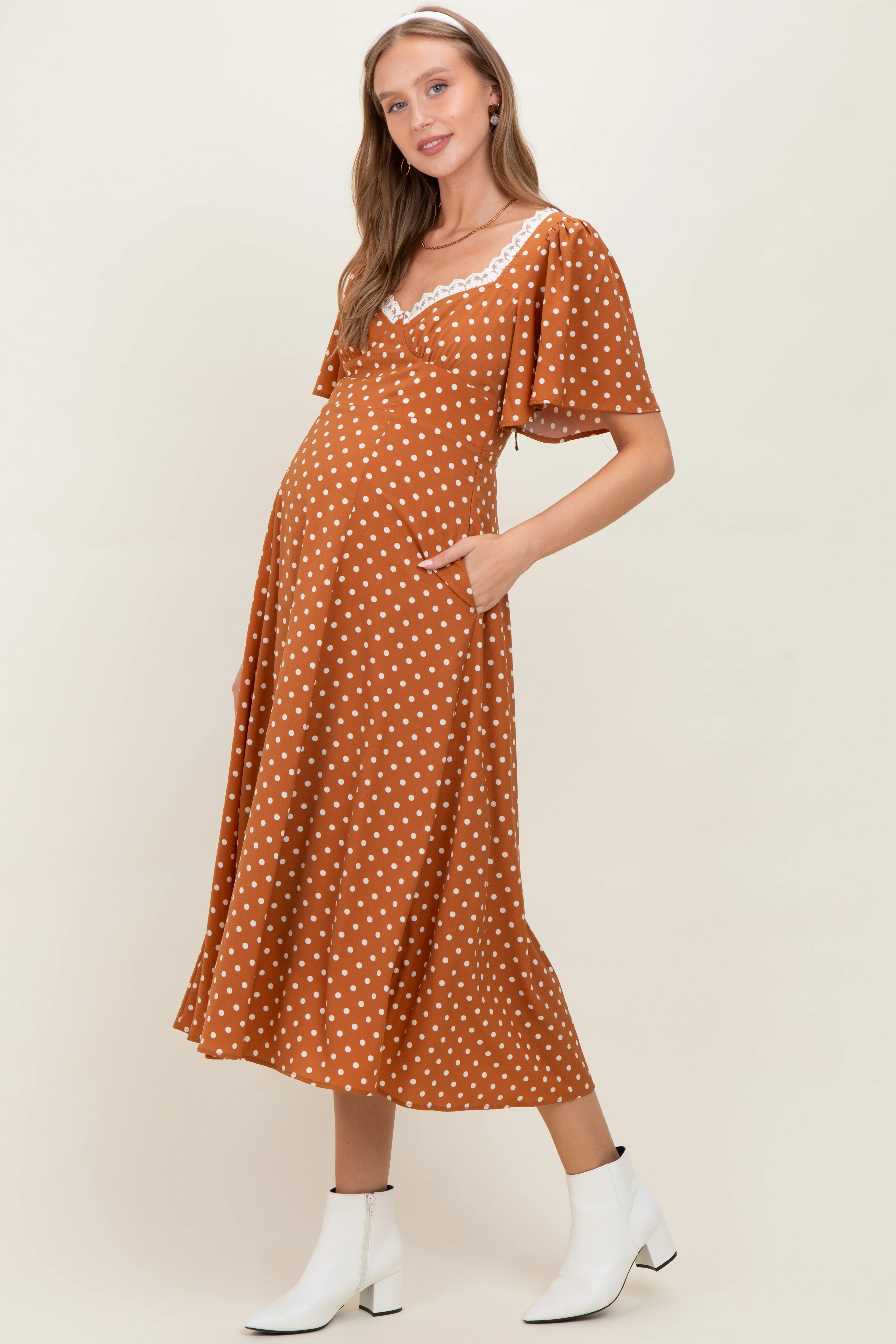 Camel Polka Dot Lace Trim Maternity Maxi Dress - Image 3