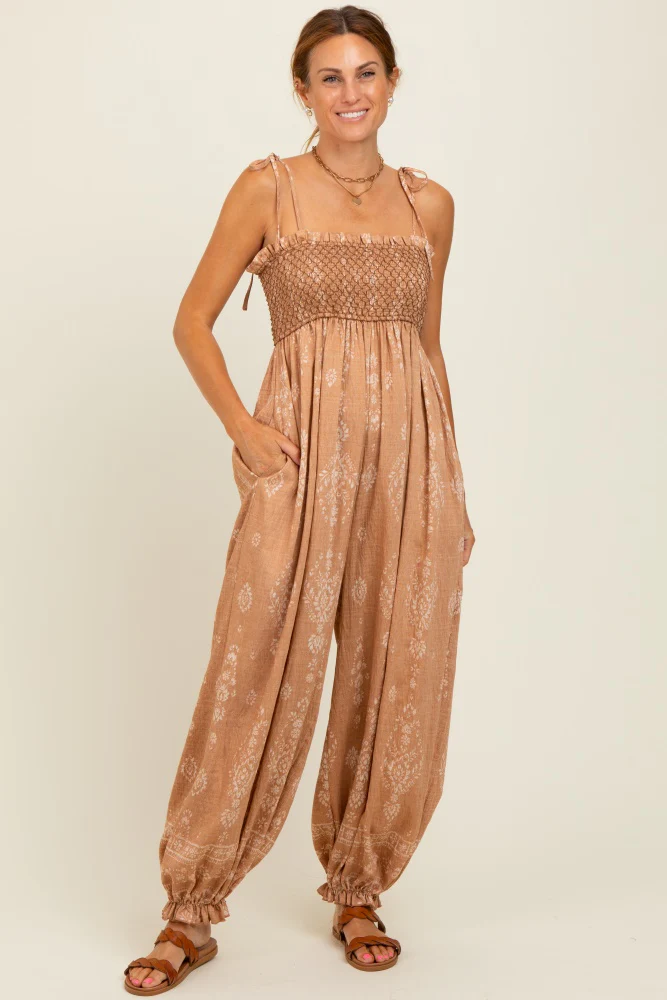 Camel Printed Smocked Shoulder Tie Maternity Jumpsuit - Image 5