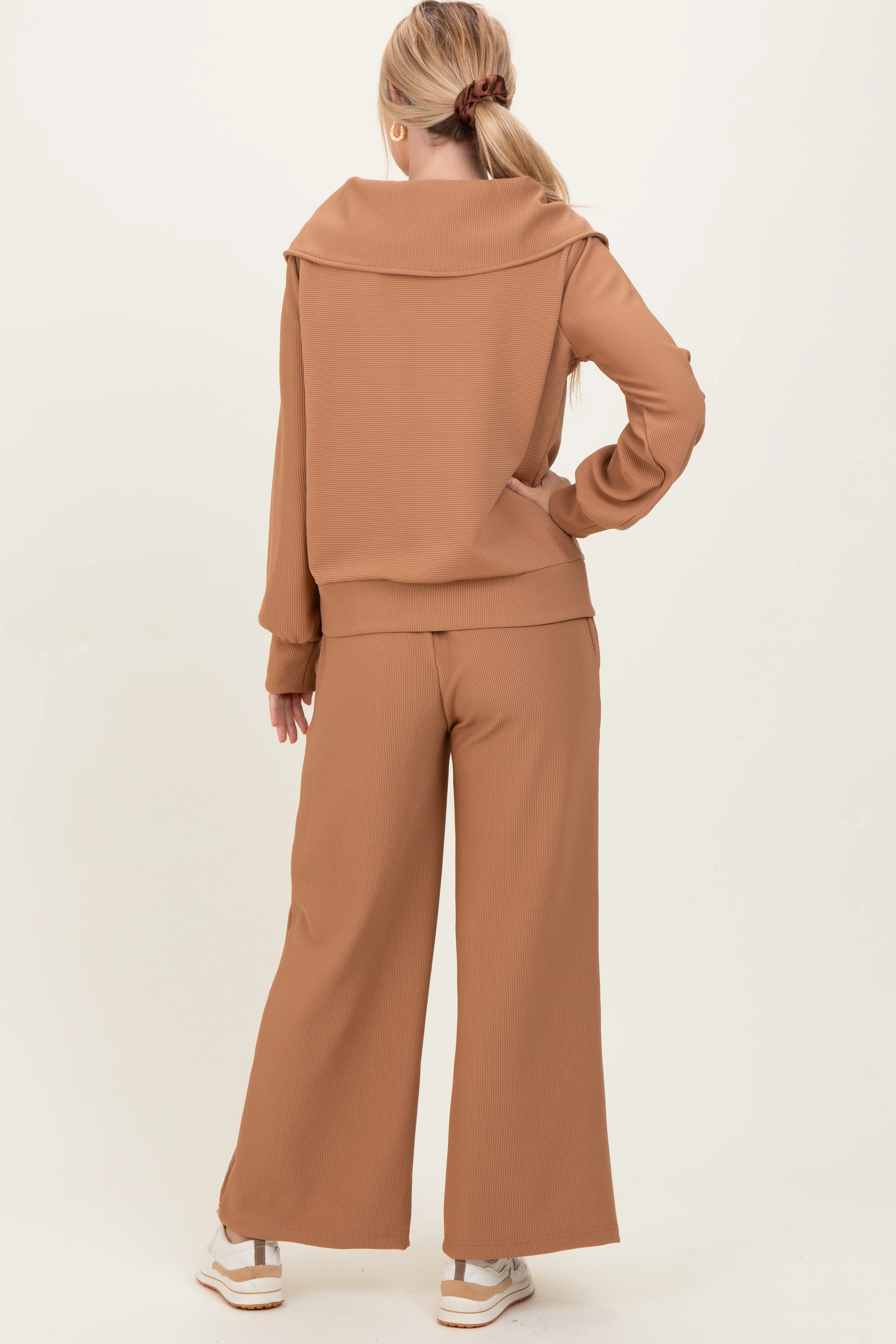 Camel Ribbed Half Zip Pullover Wide Leg Pant Set - Image 4