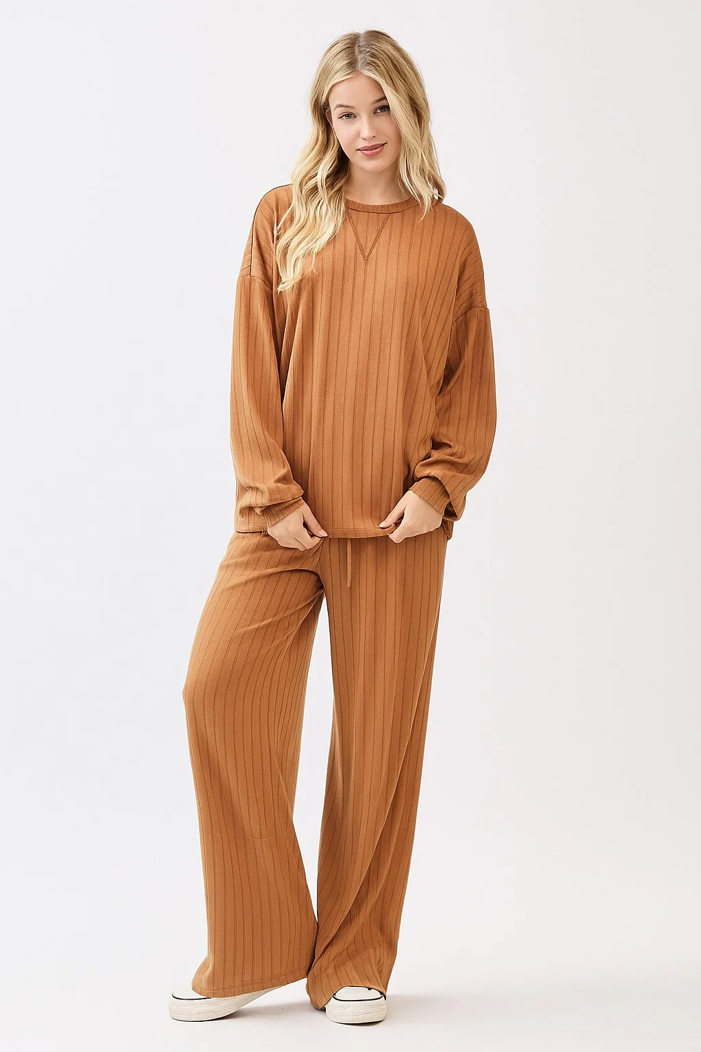 Camel Ribbed Knit Bubble Sleeve Maternity Pullover Top - Image 3