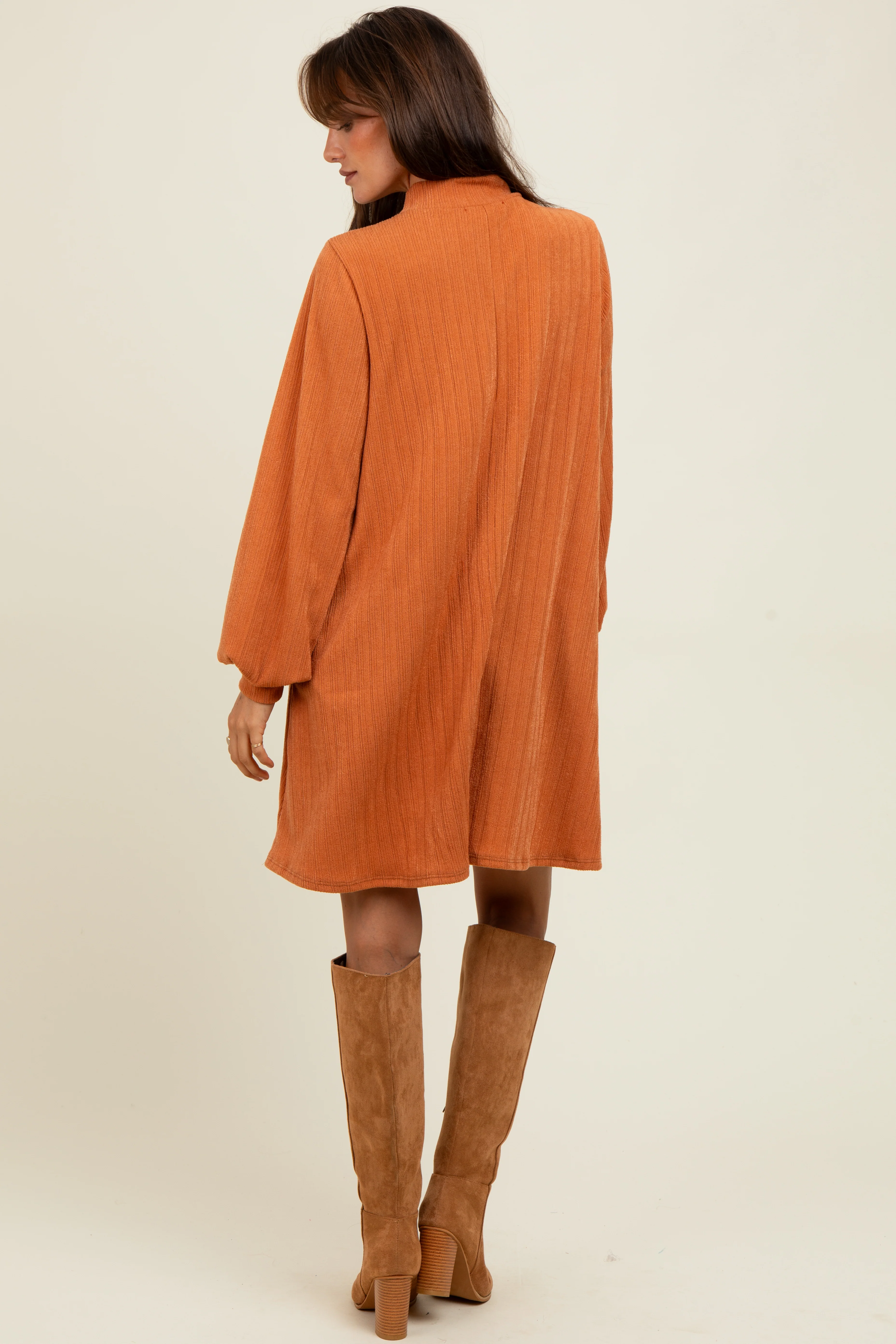 Camel Ribbed Mock Neck Bubble Sleeve Dress - Image 4