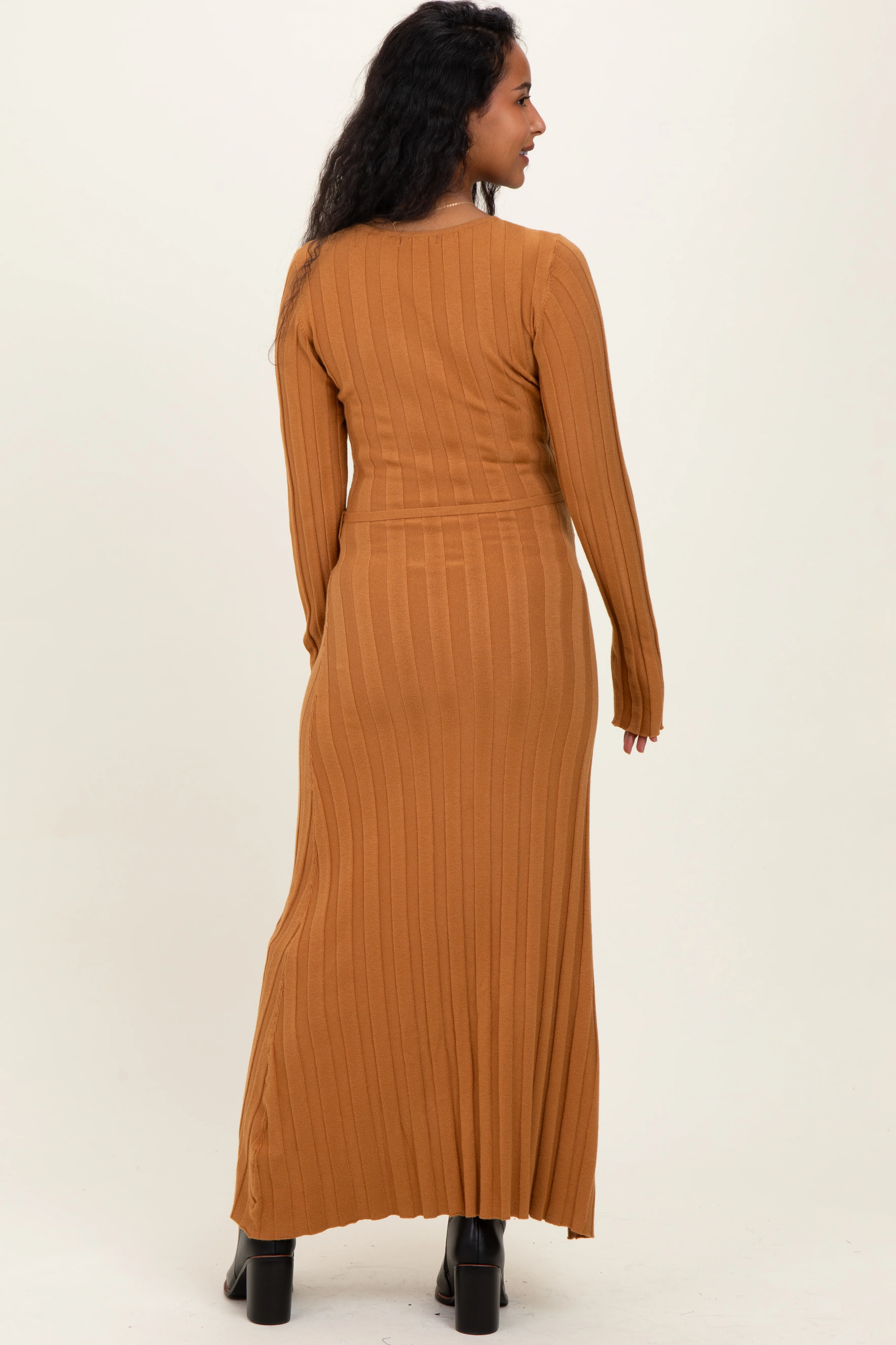 Camel Ribbed Wait Tie Maternity Midi Dress - Image 3