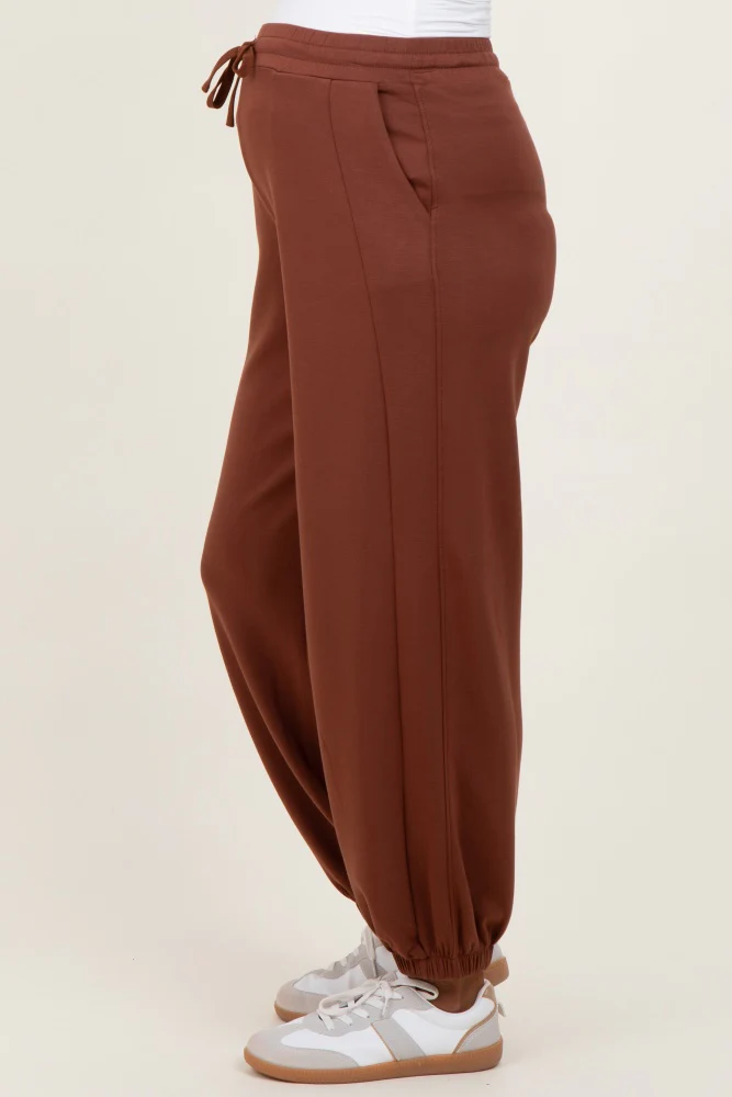 Camel Scuba Drawstring Waist Relaxed Maternity Jogger Sweatpants - Image 3