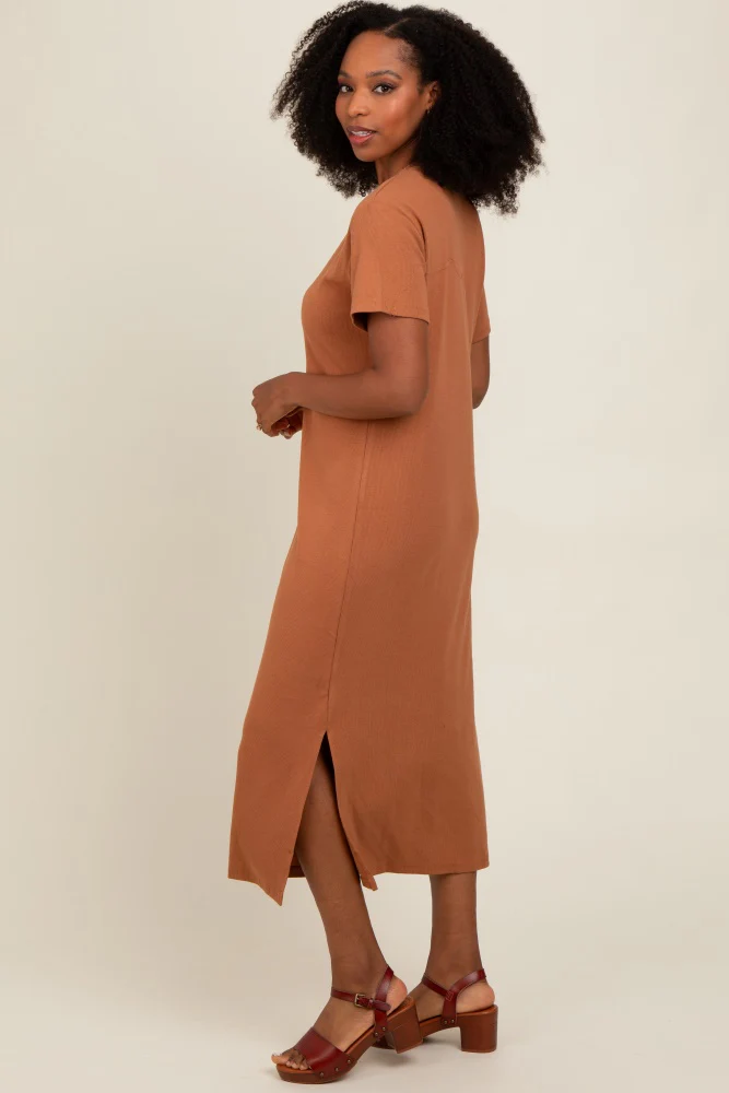 Camel Short Sleeve Side Slit T-Shirt Midi Dress - Image 3