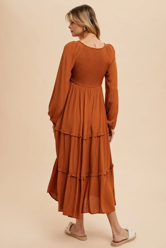 Camel Smocked Tiered Midi Dress - Image 3
