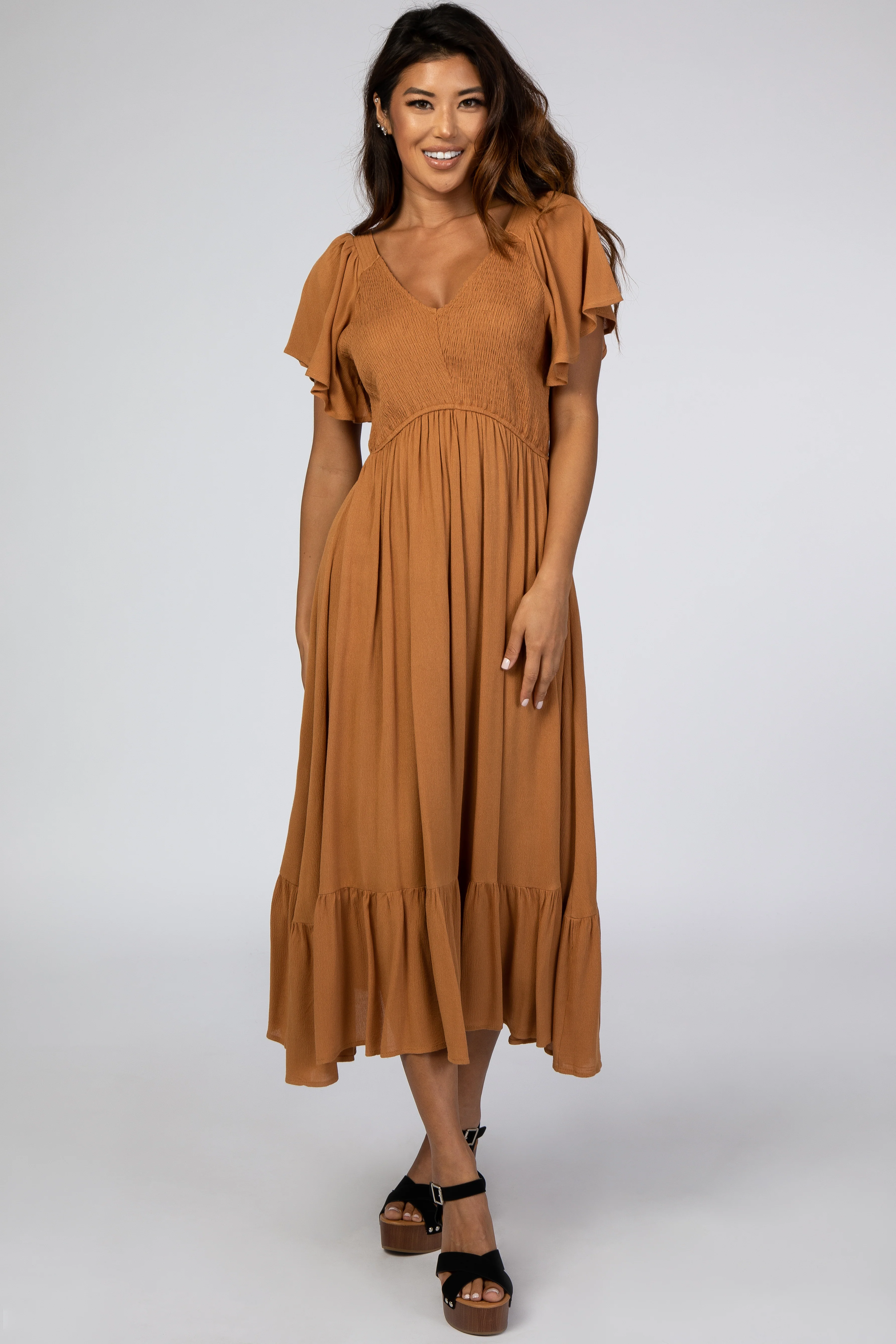 Camel Smocked V-Neck Maternity Midi Dress - Image 5