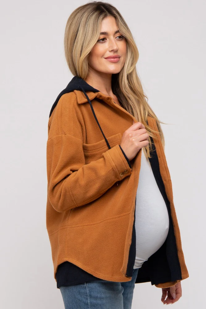 Camel Soft Hooded Maternity Shacket - Image 4