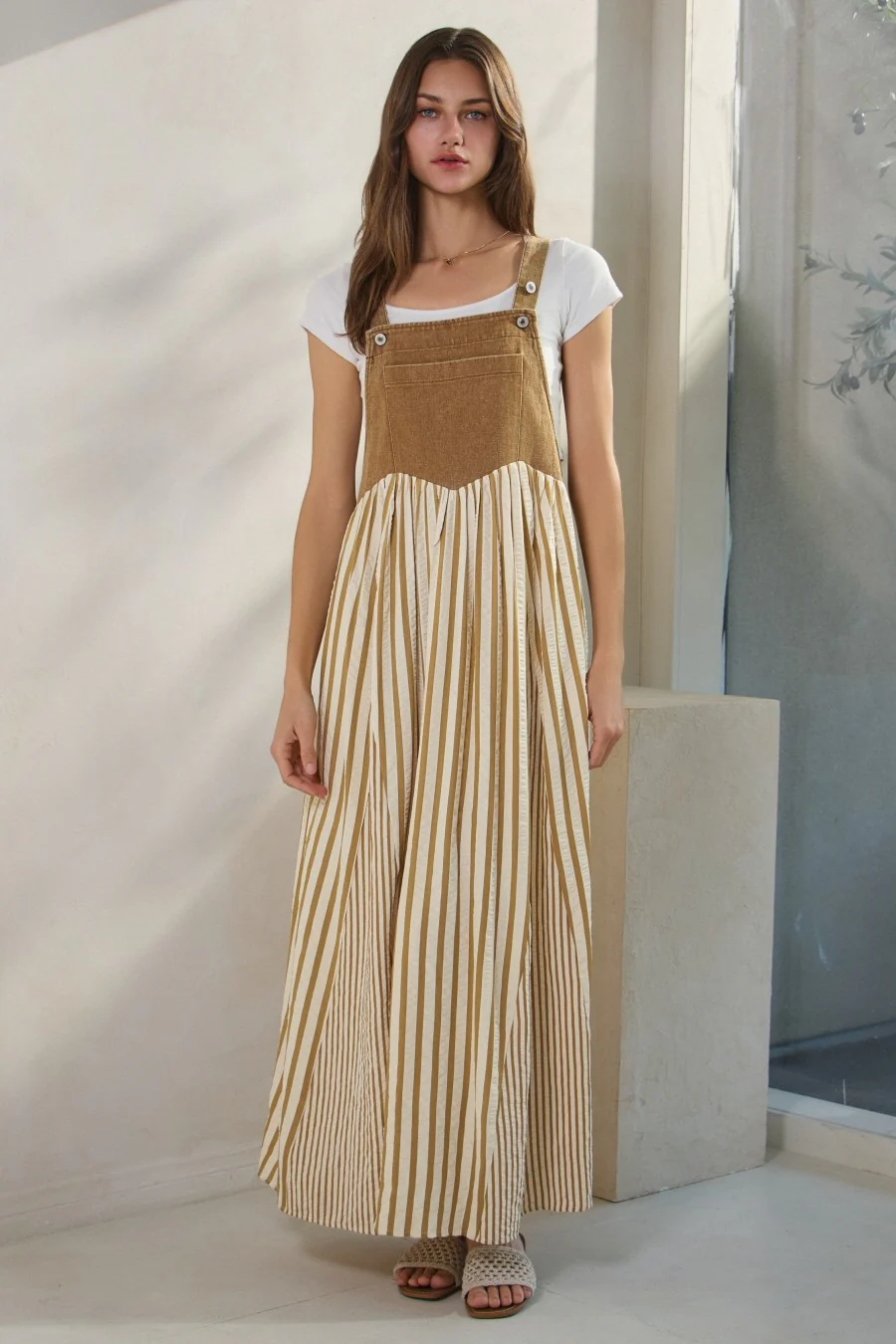 Camel Striped Colorblock Denim Contrast Maternity Maxi Dress - Image 4