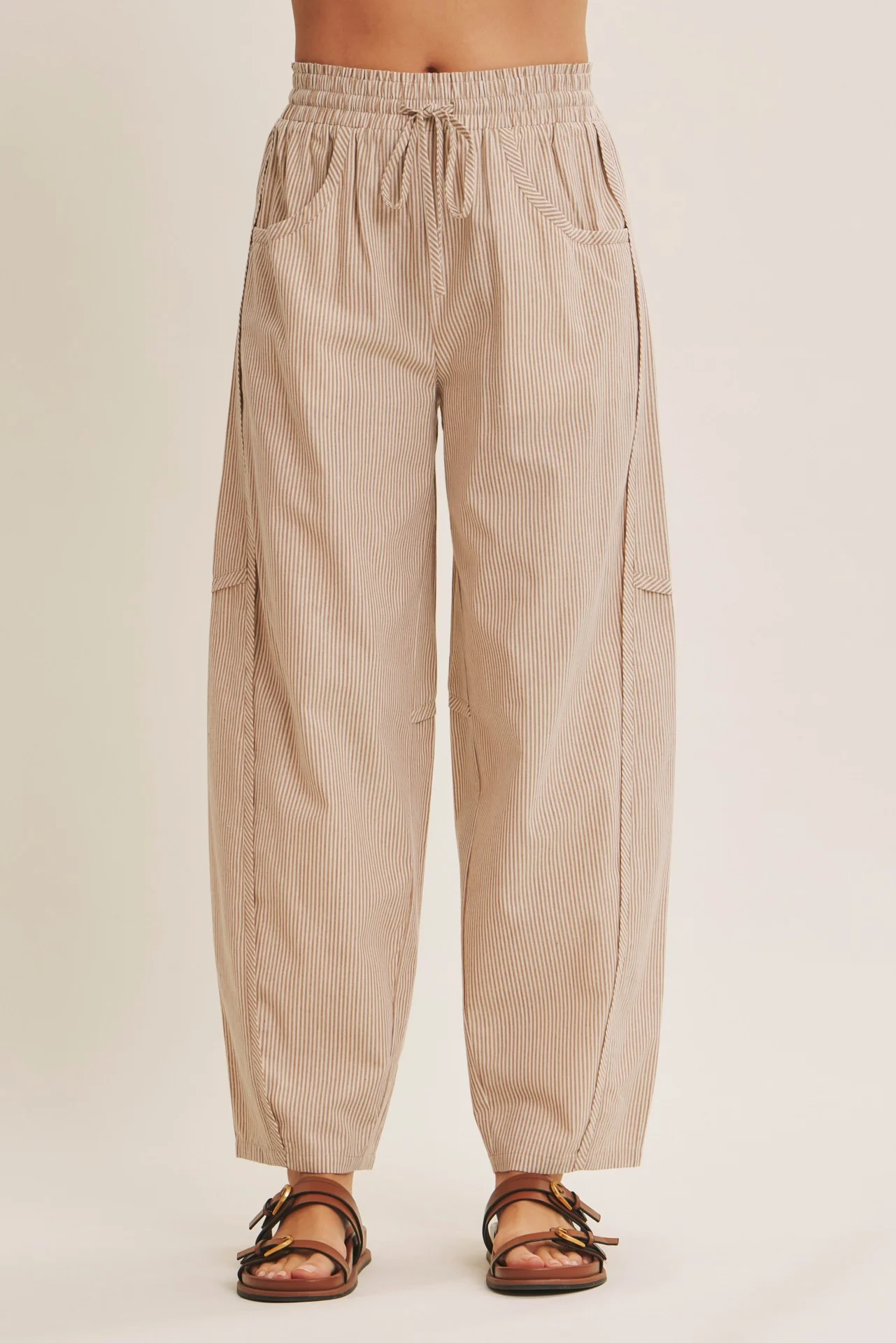 Camel Striped Cotton Barrel Leg Pants - Image 3