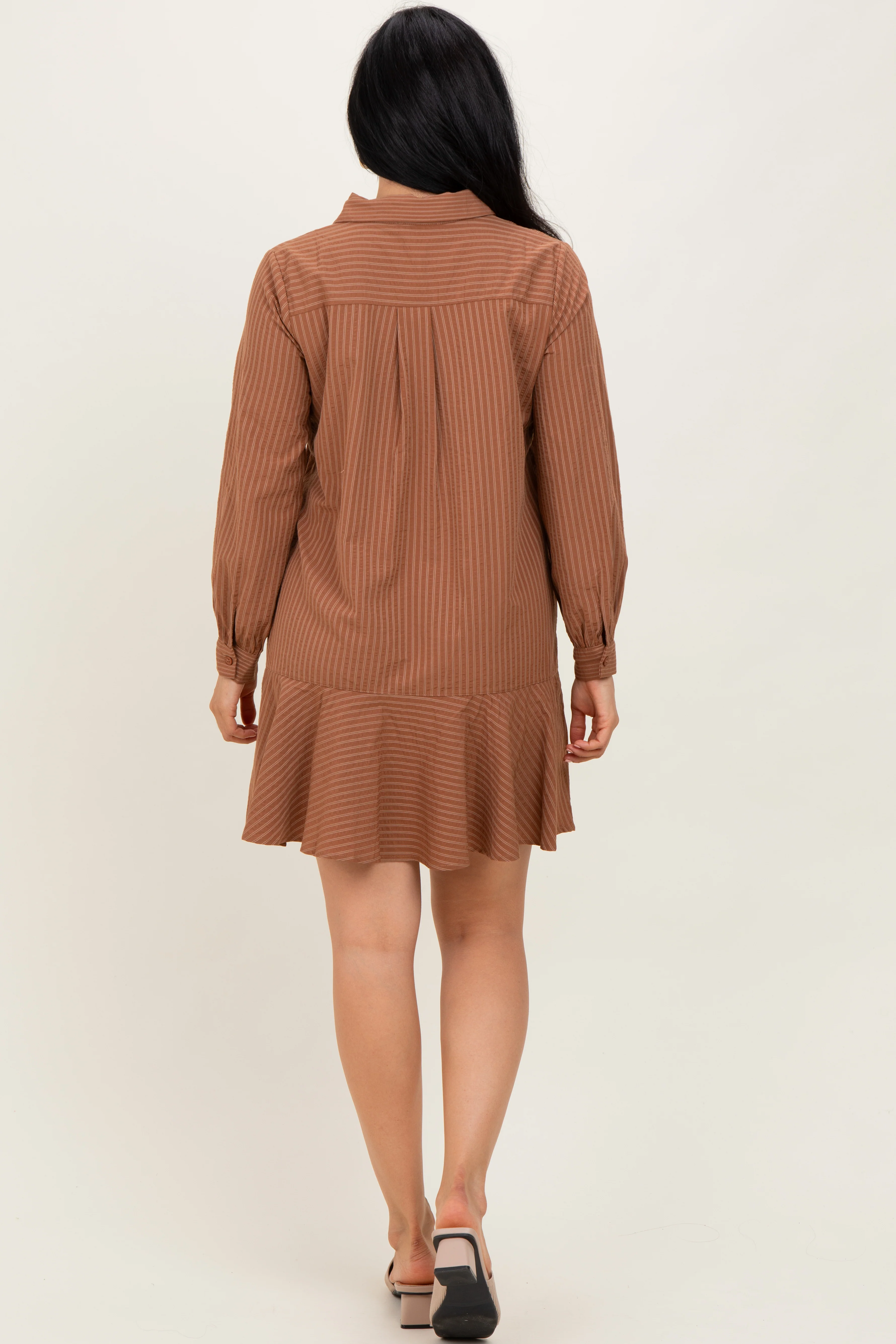Camel Striped Long Sleeve Drop Waist Polo Dress - Image 4