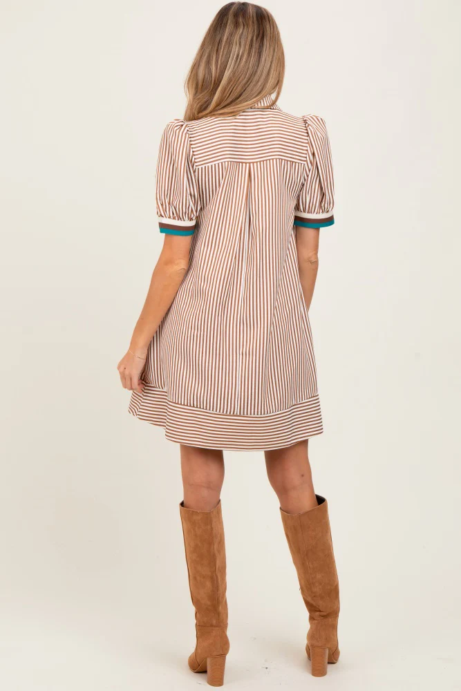 Camel Striped Puff Sleeve Maternity Mini Shirt Dress - Image 5