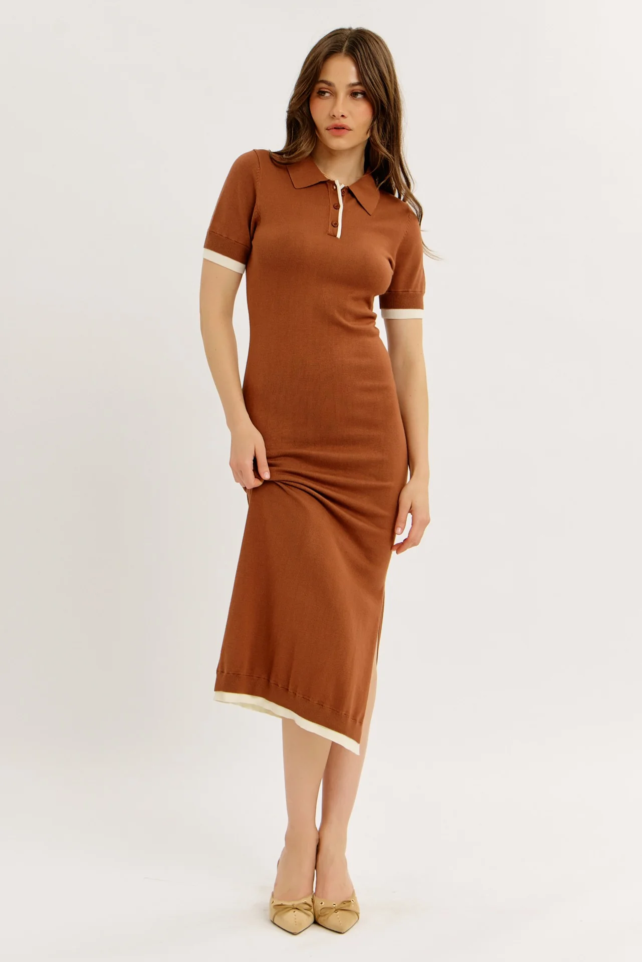 Camel Sweater Side Slit Midi Dress - Image 2