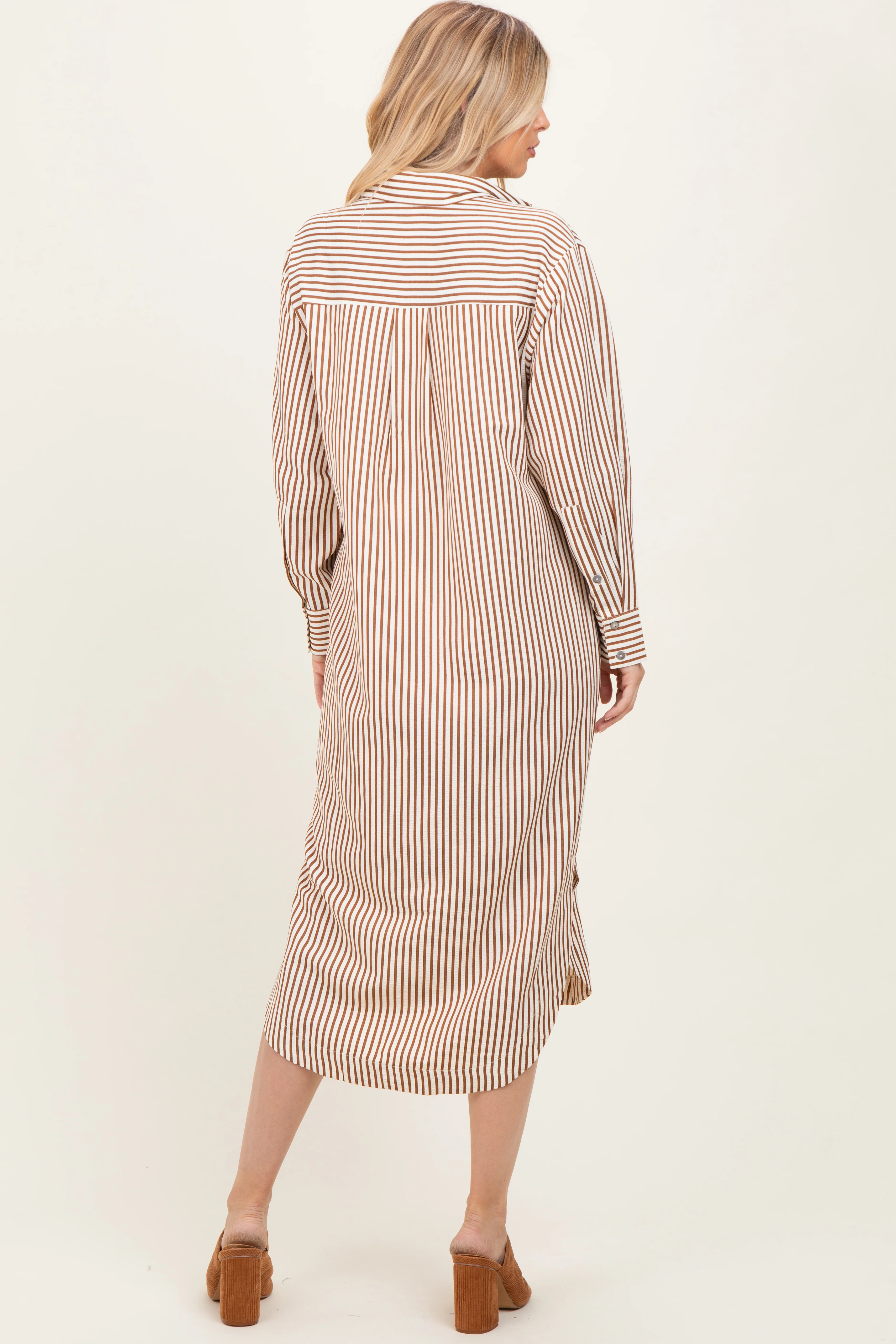 Camel Textured Stripe Button Down Shirt Dress - Image 4