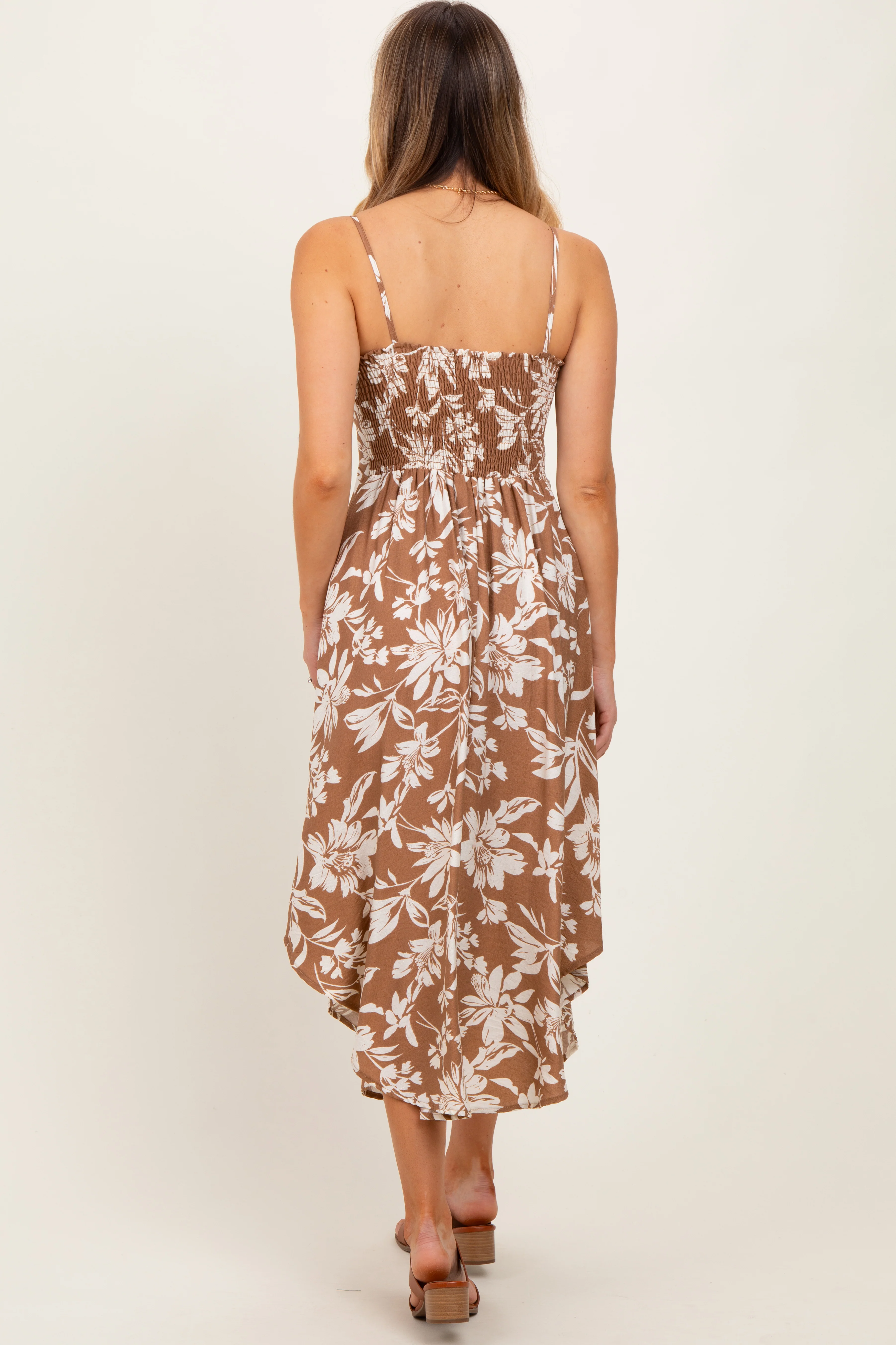 Camel Tropical Floral Front Cinch Tie Midi Dress - Image 3