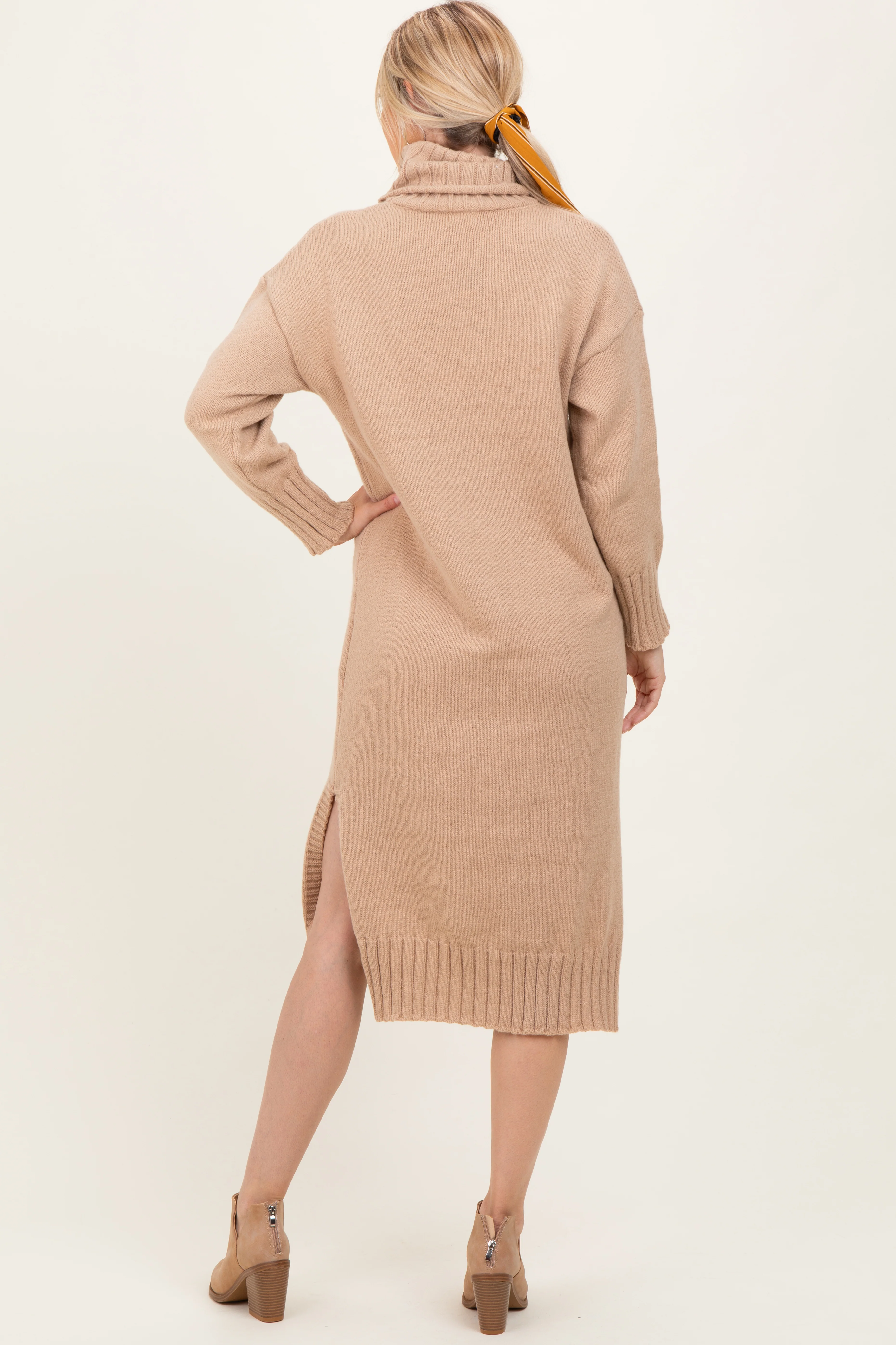 Camel Turtleneck Chunky Knit Midi Sweater Dress - Image 3
