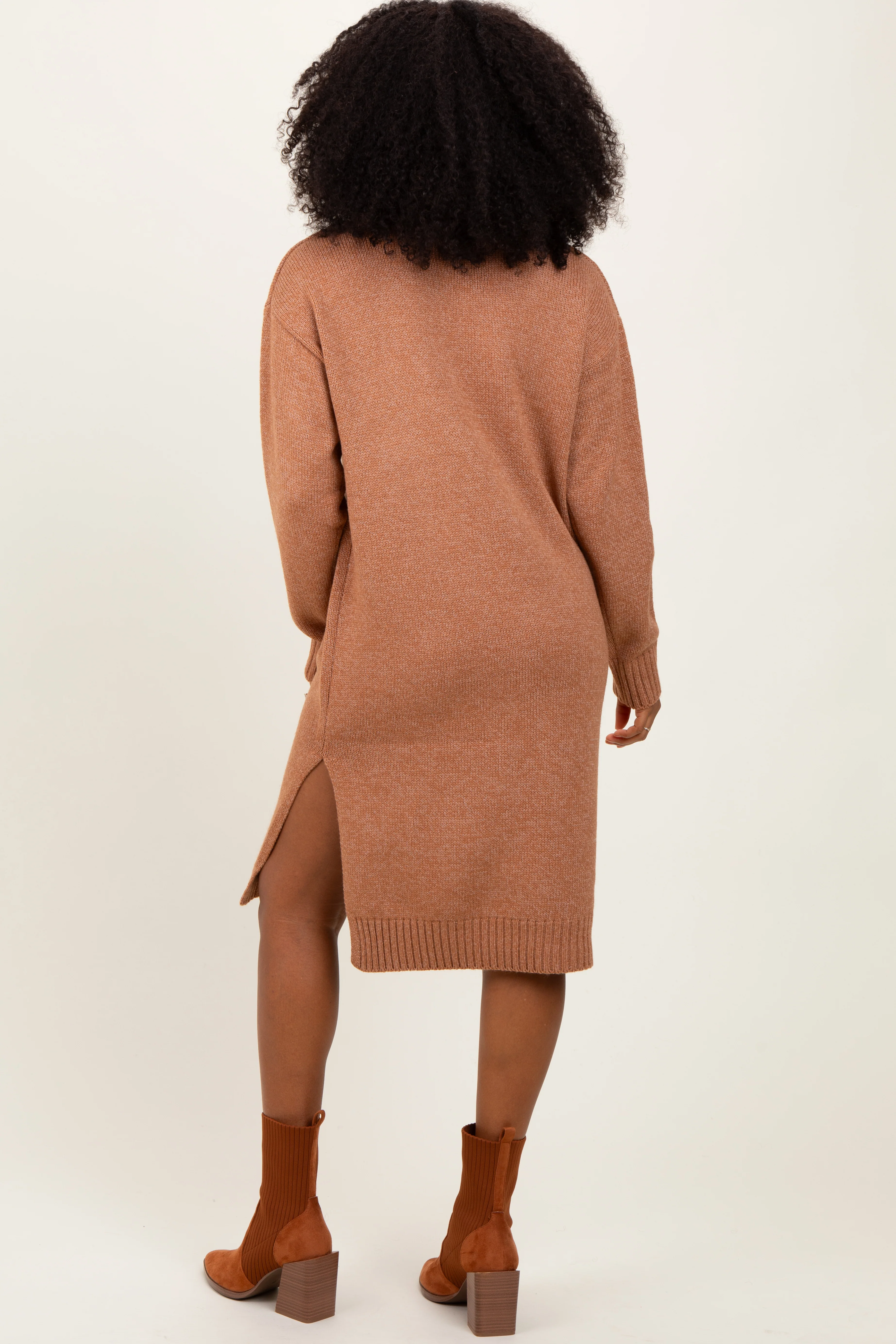 Camel Turtleneck Side Slit Midi Sweater Dress - Image 4