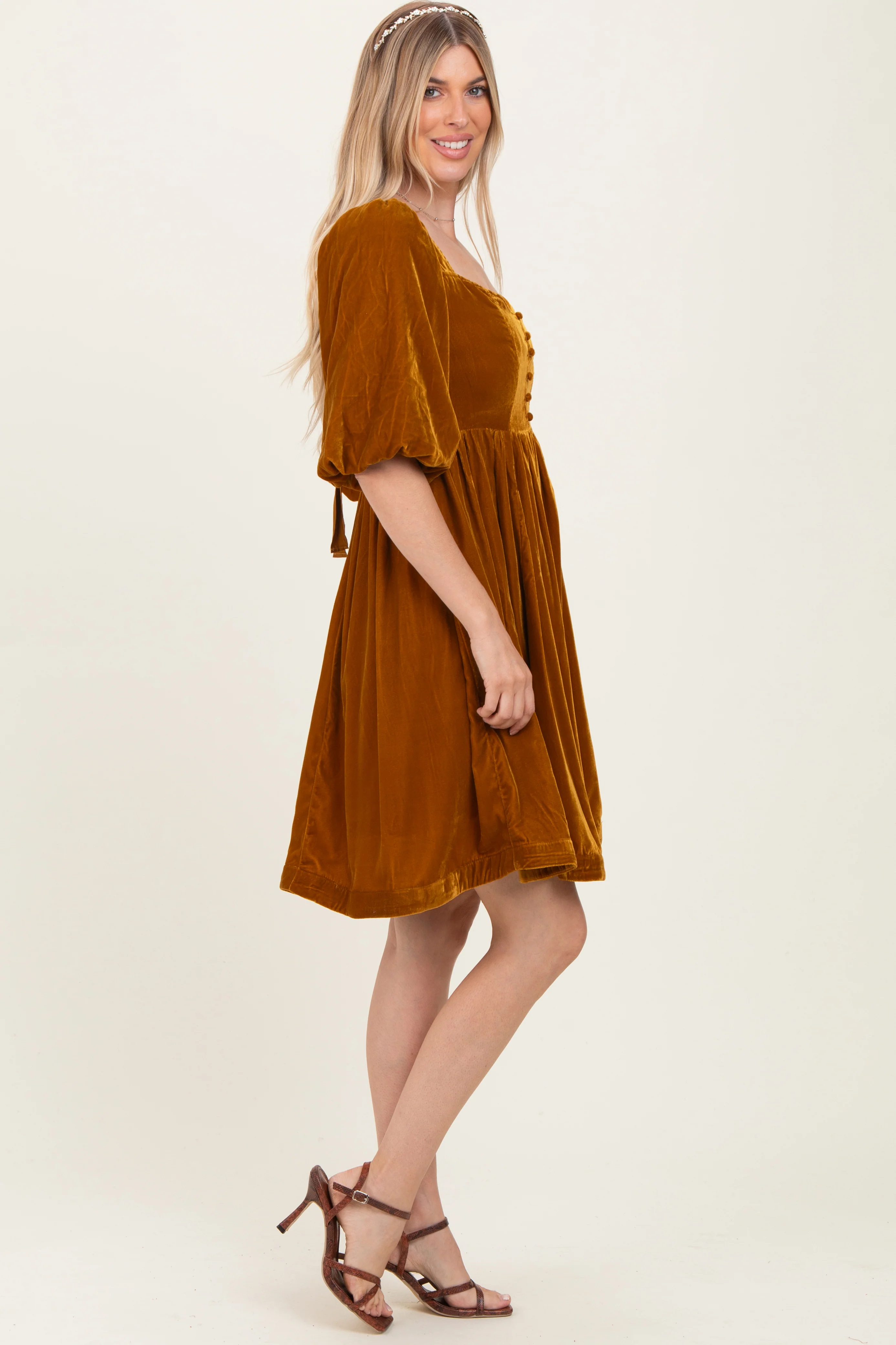 Camel Velvet Sweetheart Button Accent Dress - Image 3