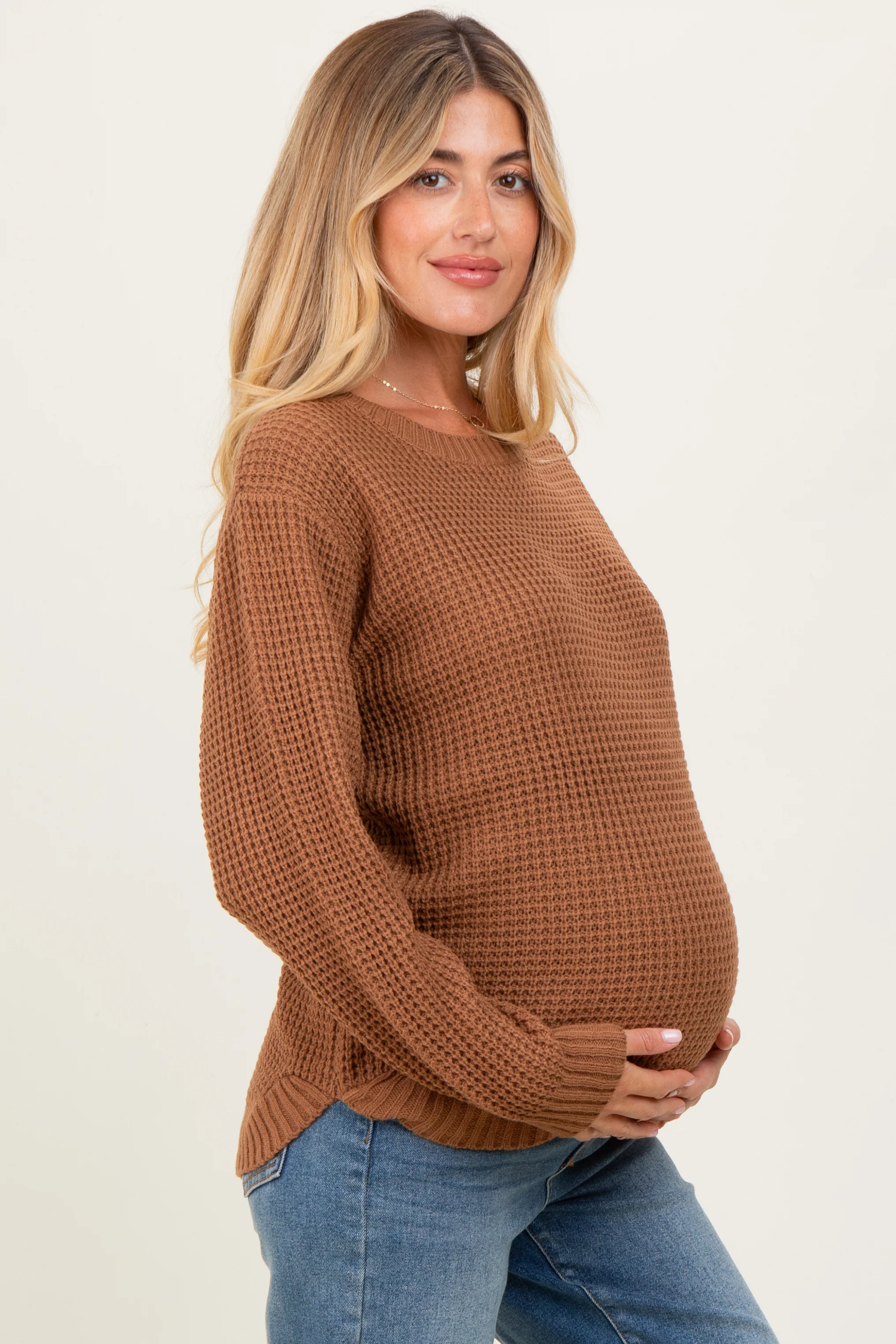 Camel Waffle Knit Rounded Hem Maternity Sweater - Image 3