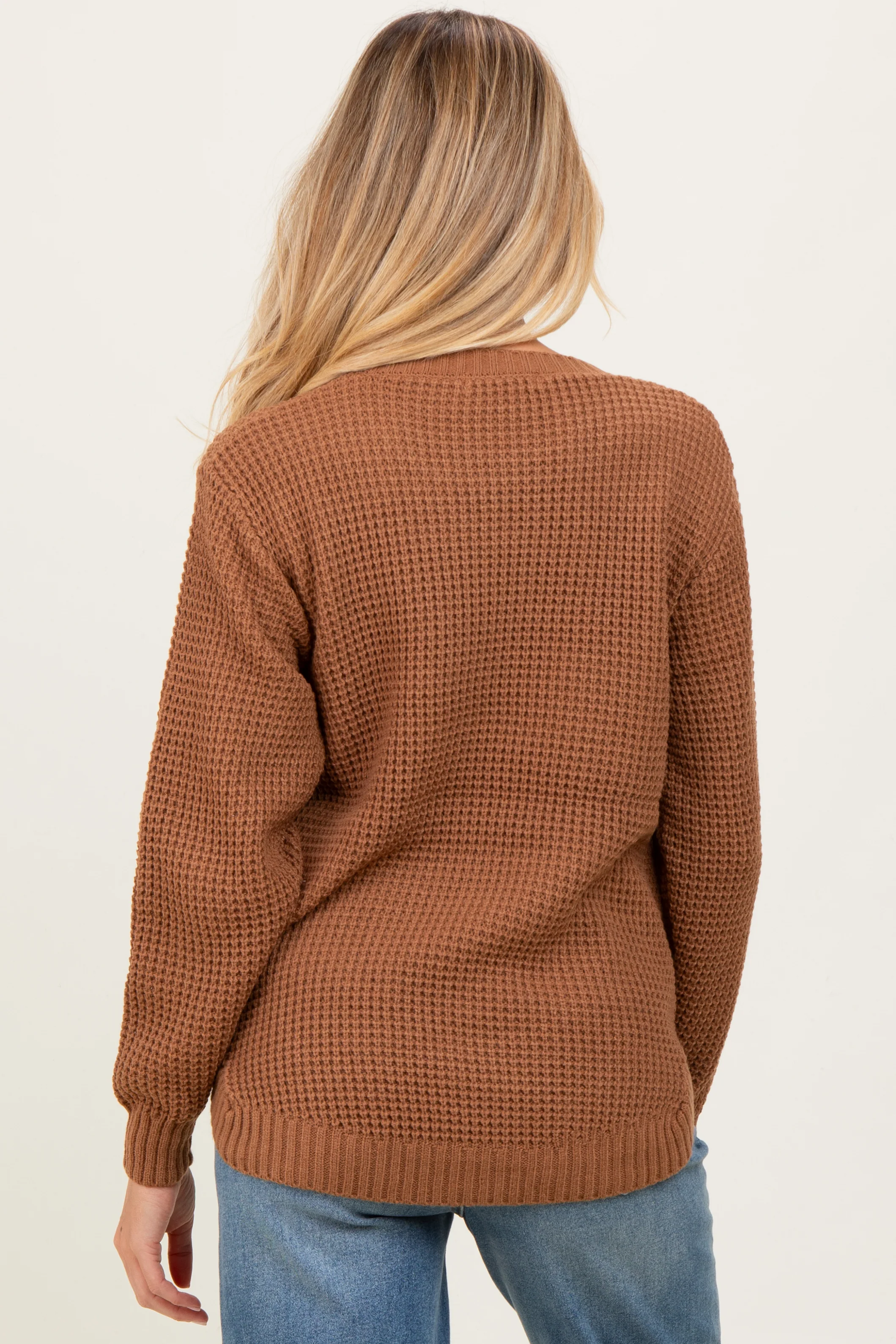 Camel Waffle Knit Rounded Hem Maternity Sweater - Image 4