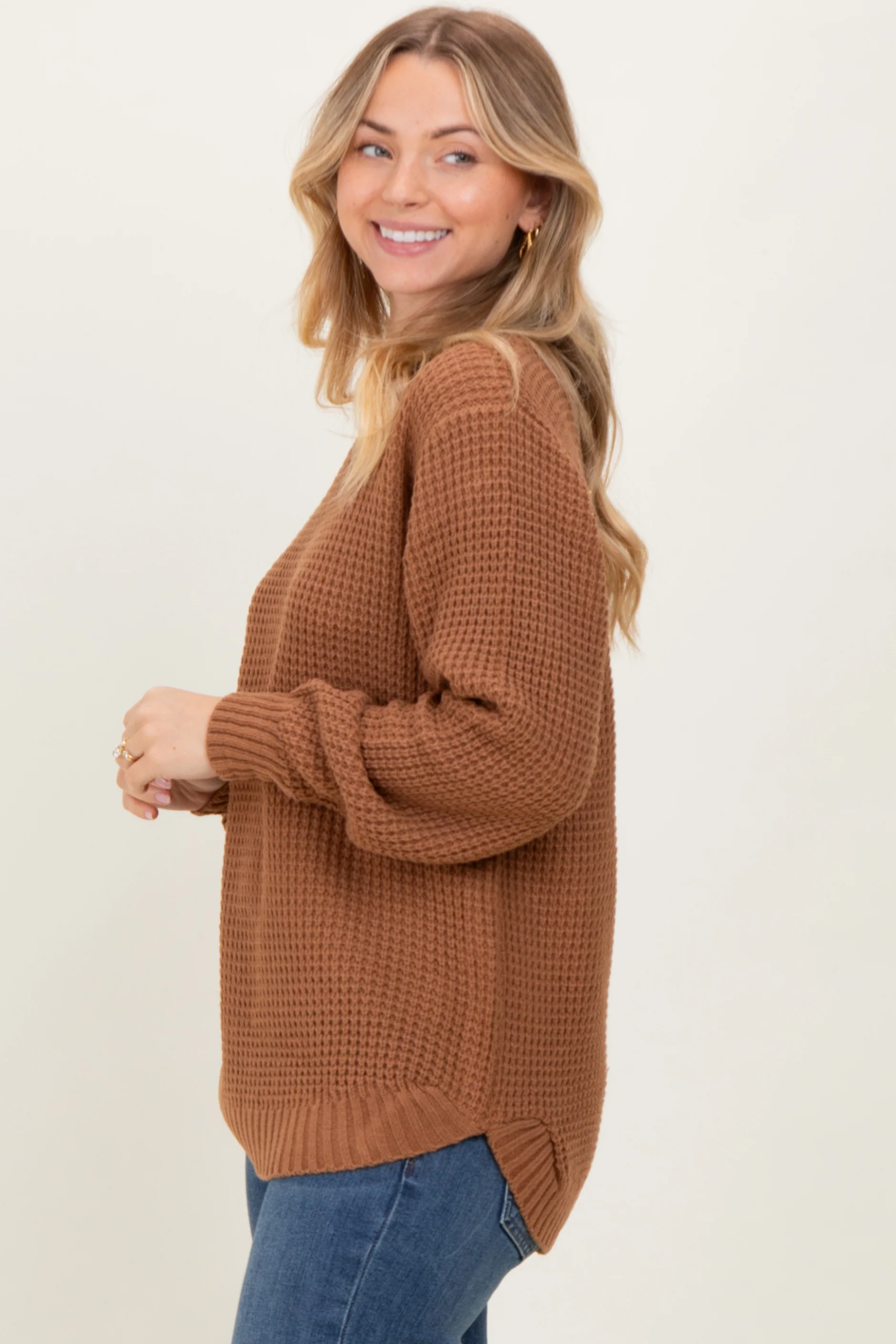 Camel Waffle Knit Rounded Hem Sweater - Image 3