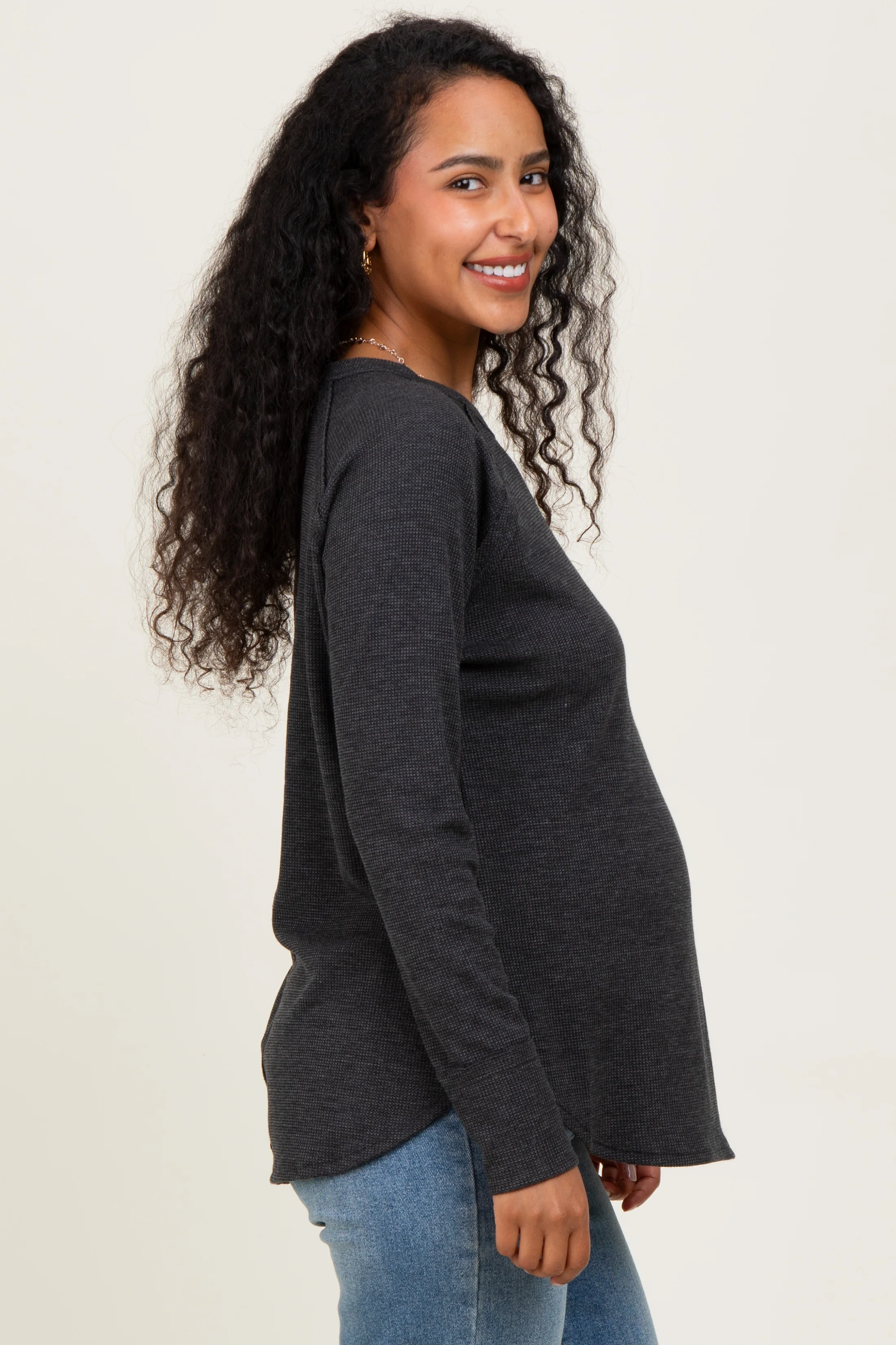Charcoal Baby Waffle Knit Long Sleeve Maternity Top - Image 3