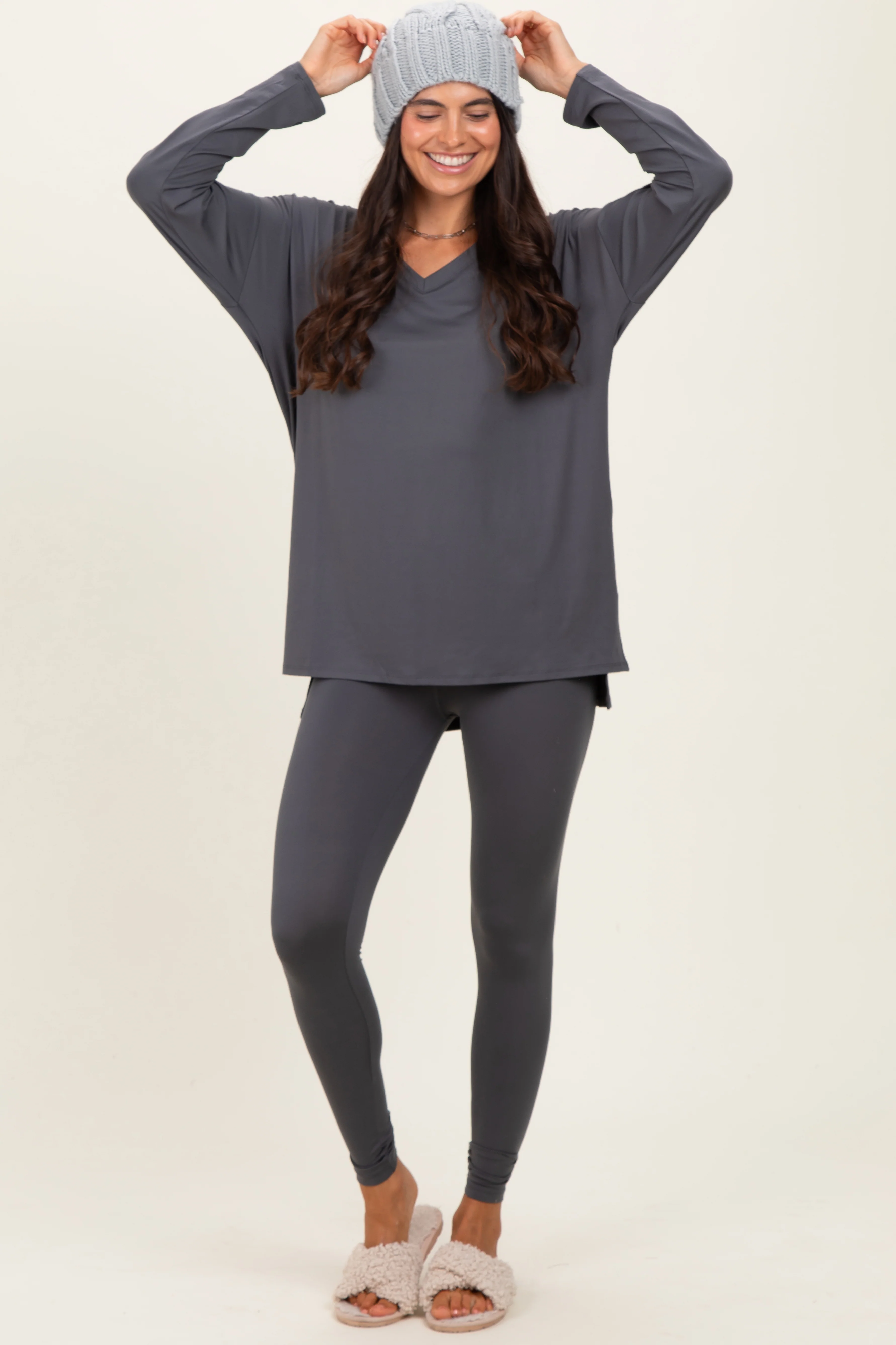 Charcoal Brushed Knit Maternity Oversized Top and Legging Set - Image 5