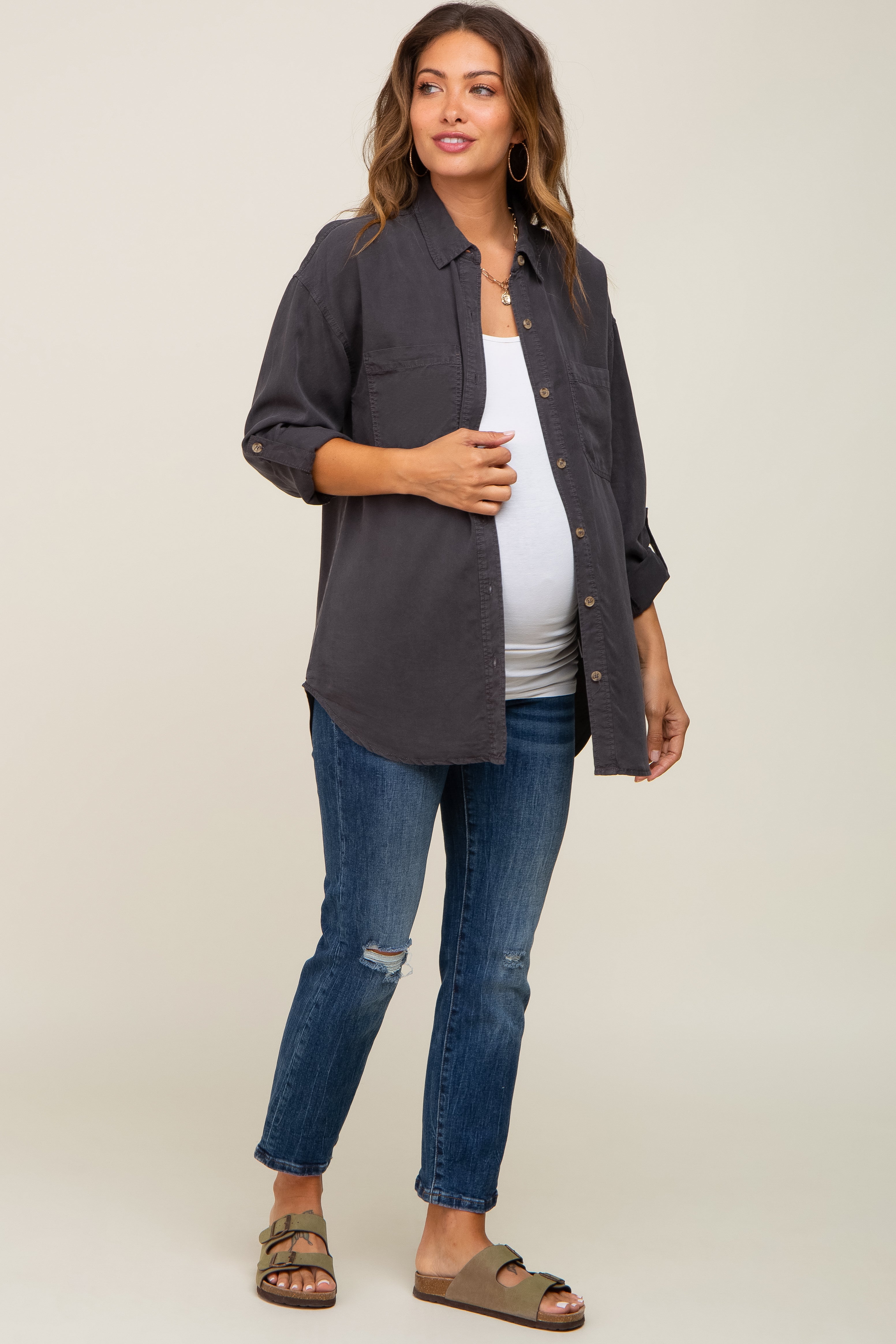 Charcoal Button Down Maternity Top - Image 4