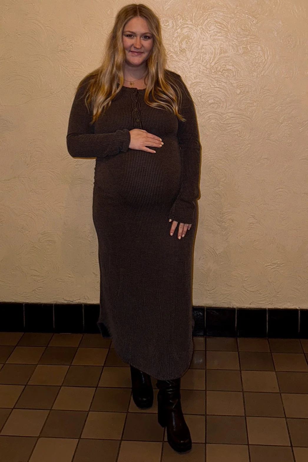 Charcoal Button Up Ribbed Knit Long Sleeve Maternity Midi Dress - Image 6