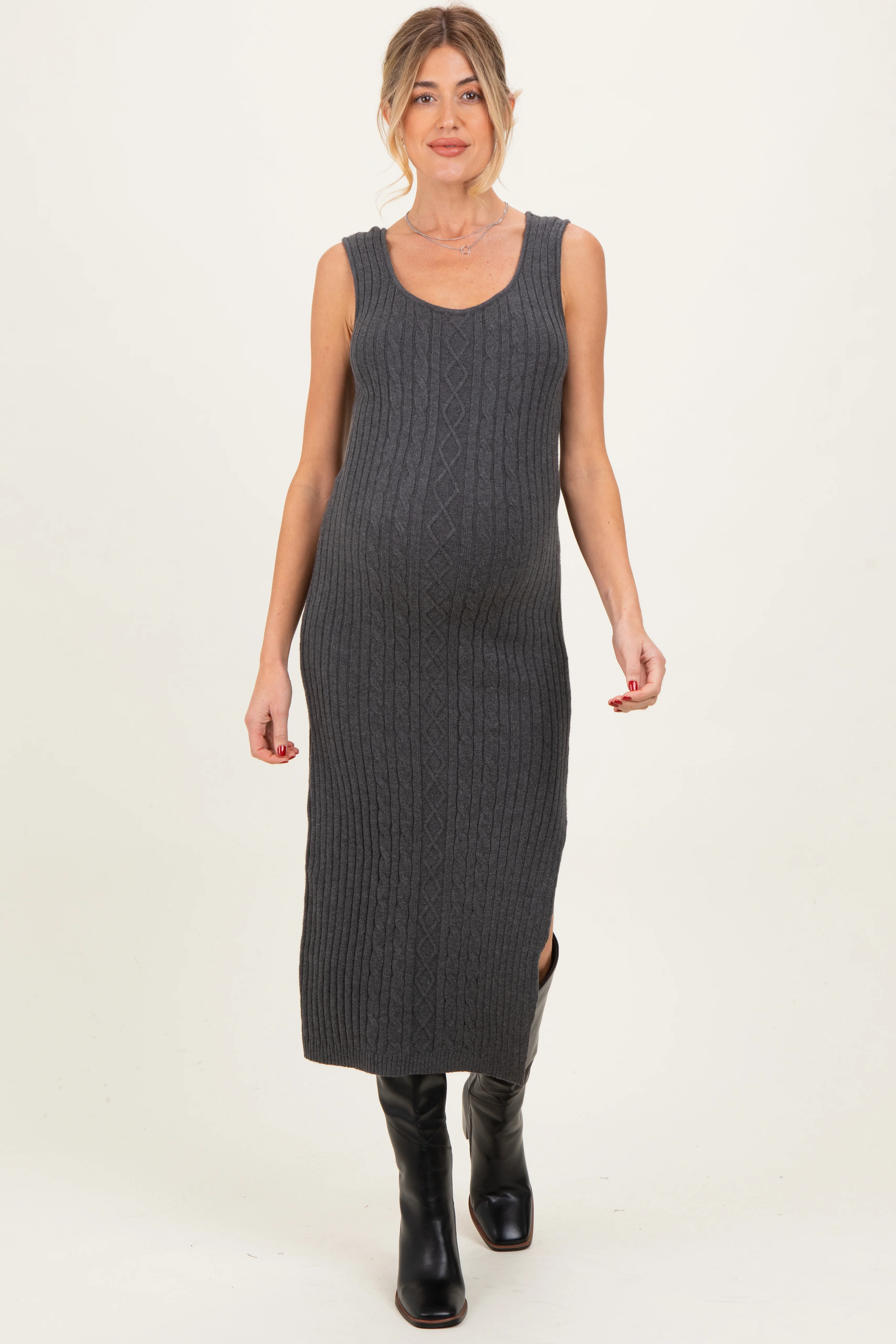 Charcoal Cable Knit Sleeveless Maternity Midi Dress - Image 3